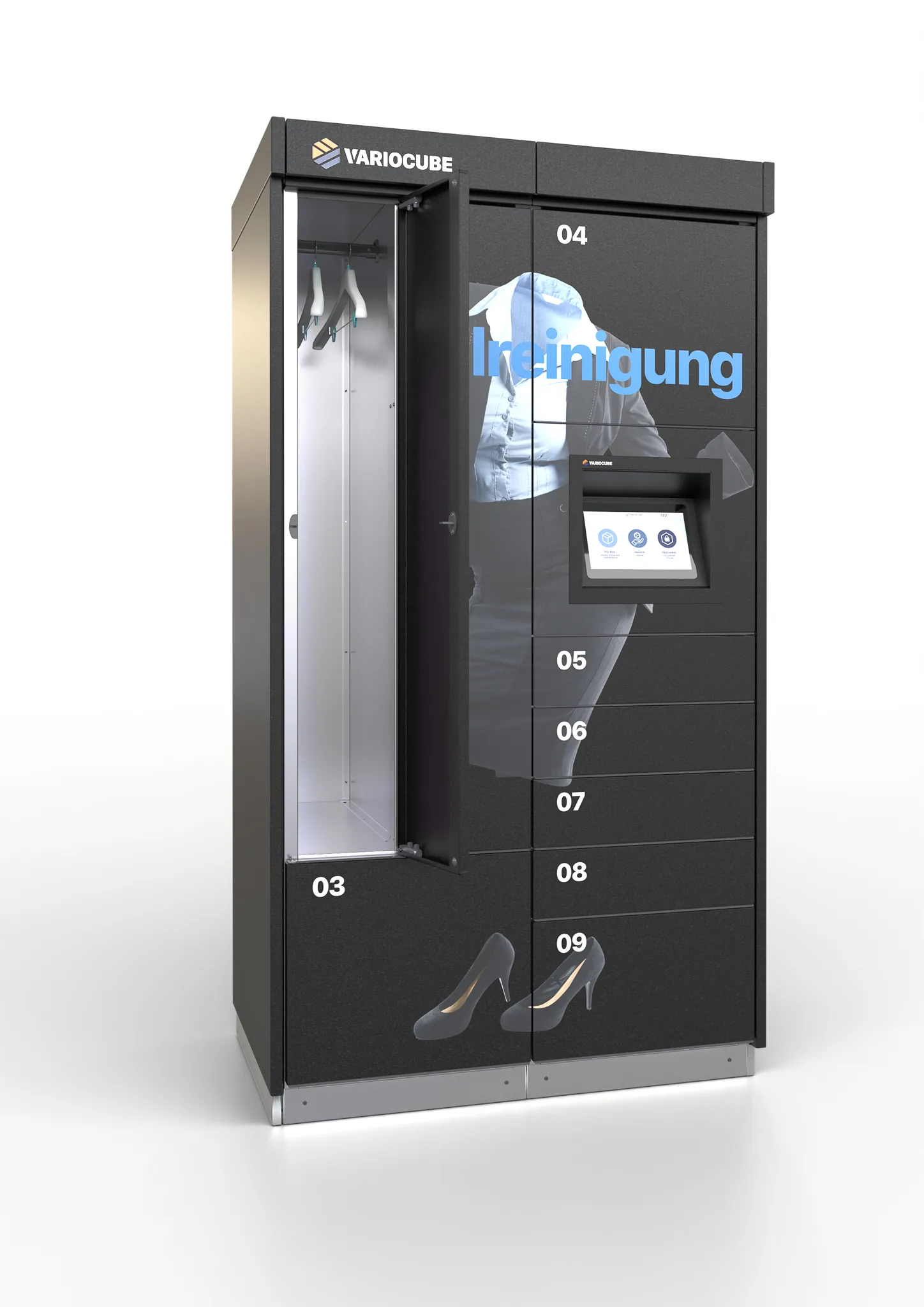 Kleiderreinigung: hoher Schließfachautomat mit Textilreinigungs-Motiv und Kleiderfach