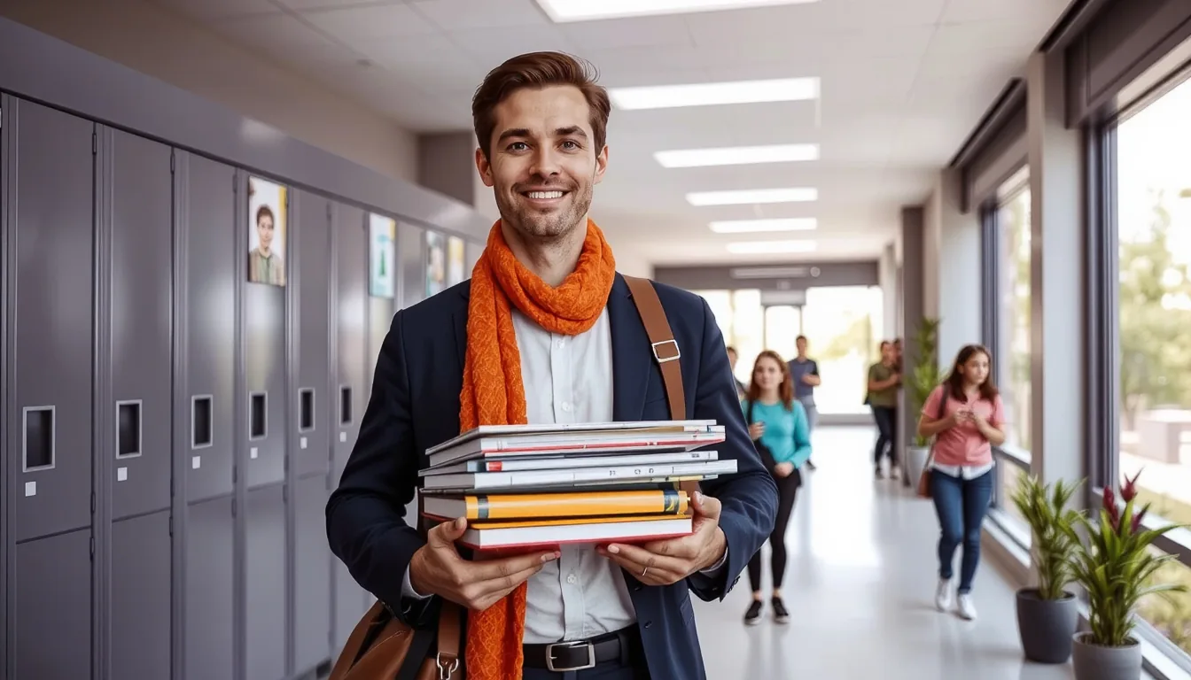 Mann mit orangem Schal und Büchern vor Schließfächern
