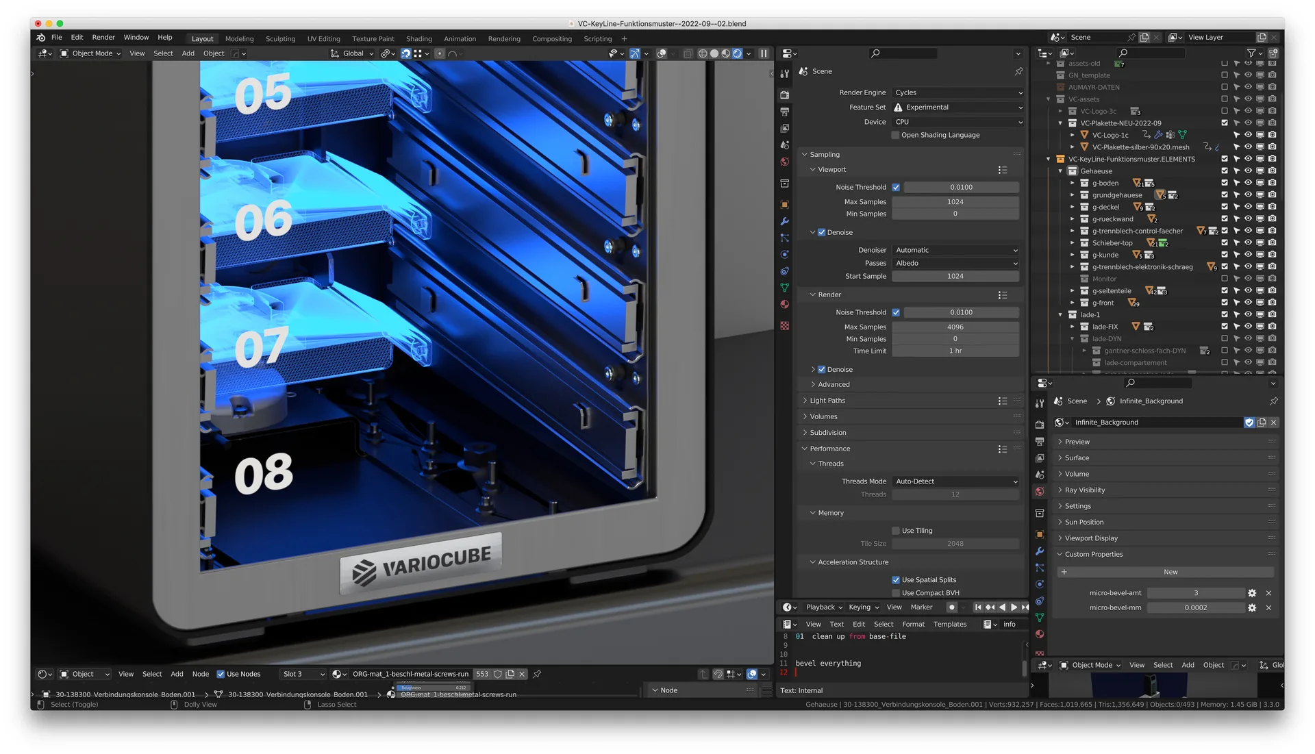 Blender-Screenshot: Nahaufnahme des Schlüsseltresors, blau beleuchtete Fächer 05 bis 08