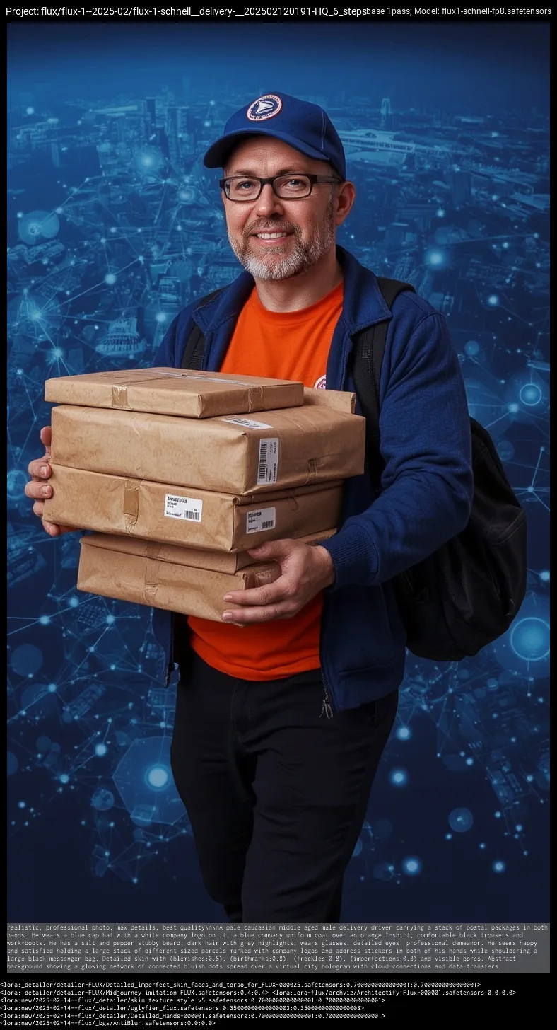 Mann mit Kappe und Paketen vor blauem Netzwerk-Hintergrund