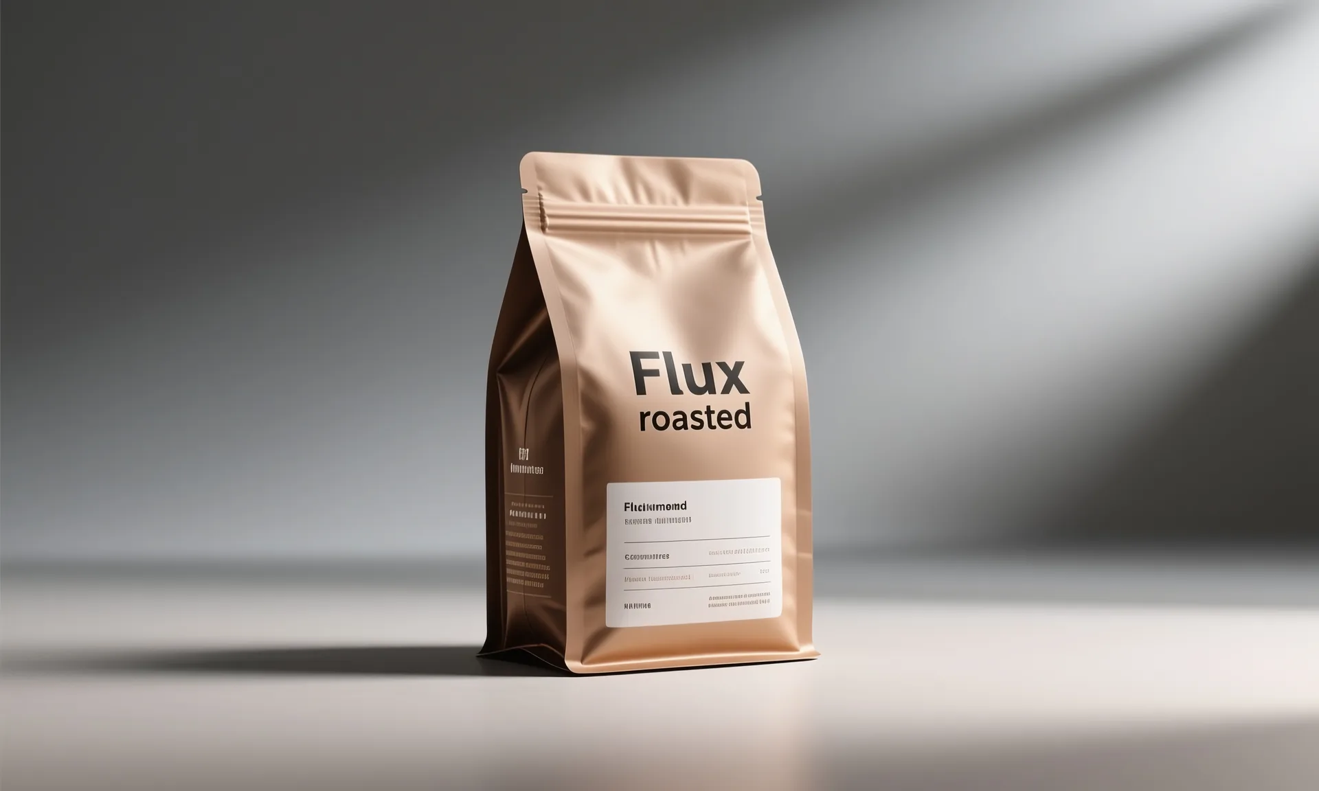 Kaffeepackung „Flux roasted“ im Studiolicht