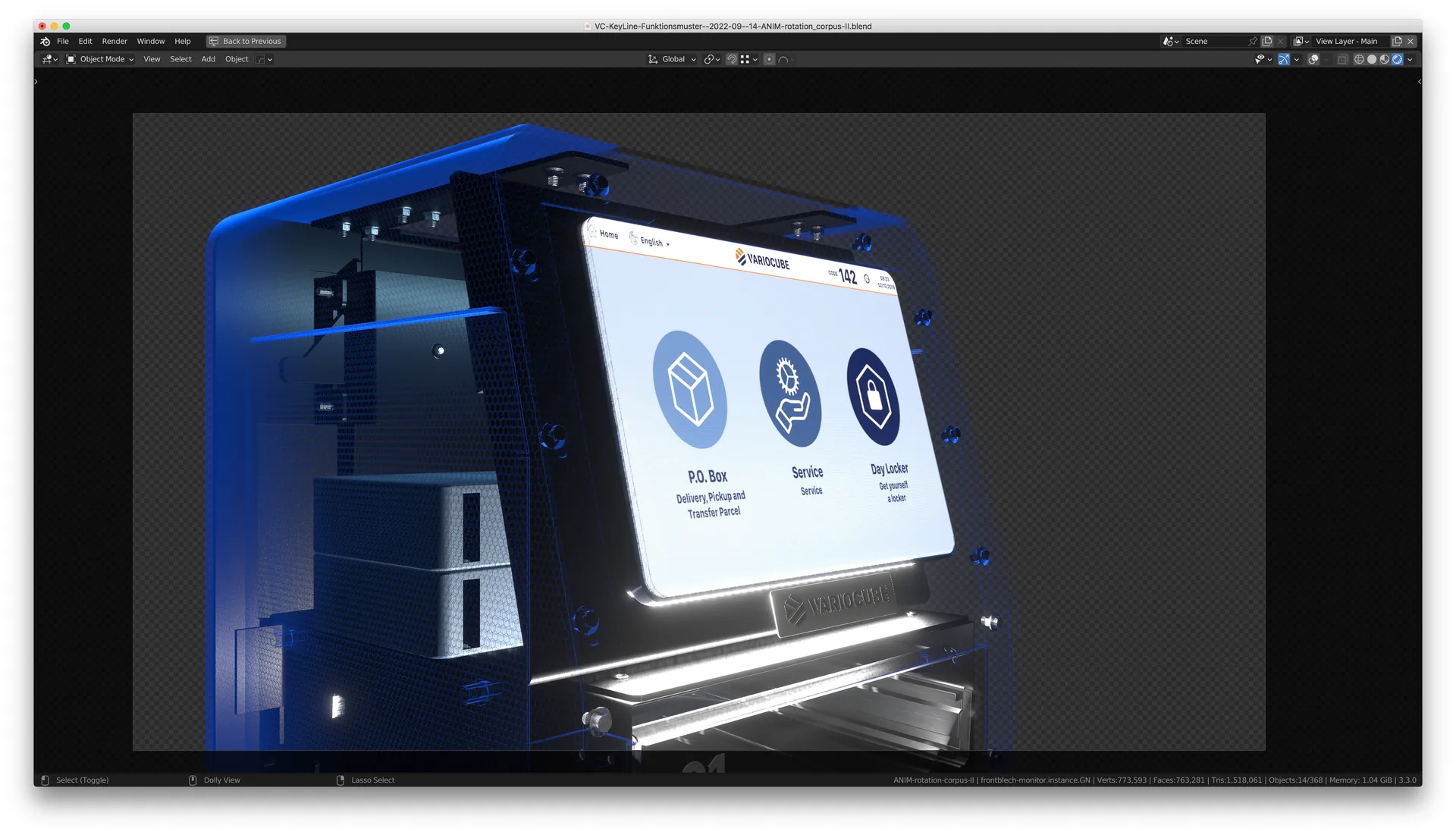 Touchdisplay des Schlüsseltresors mit drei Menüsymbolen, blau hinterleuchtet
