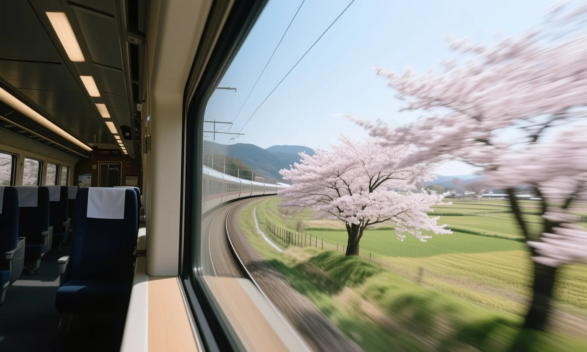 Blick aus dem Zugfenster auf Kirschblüten
