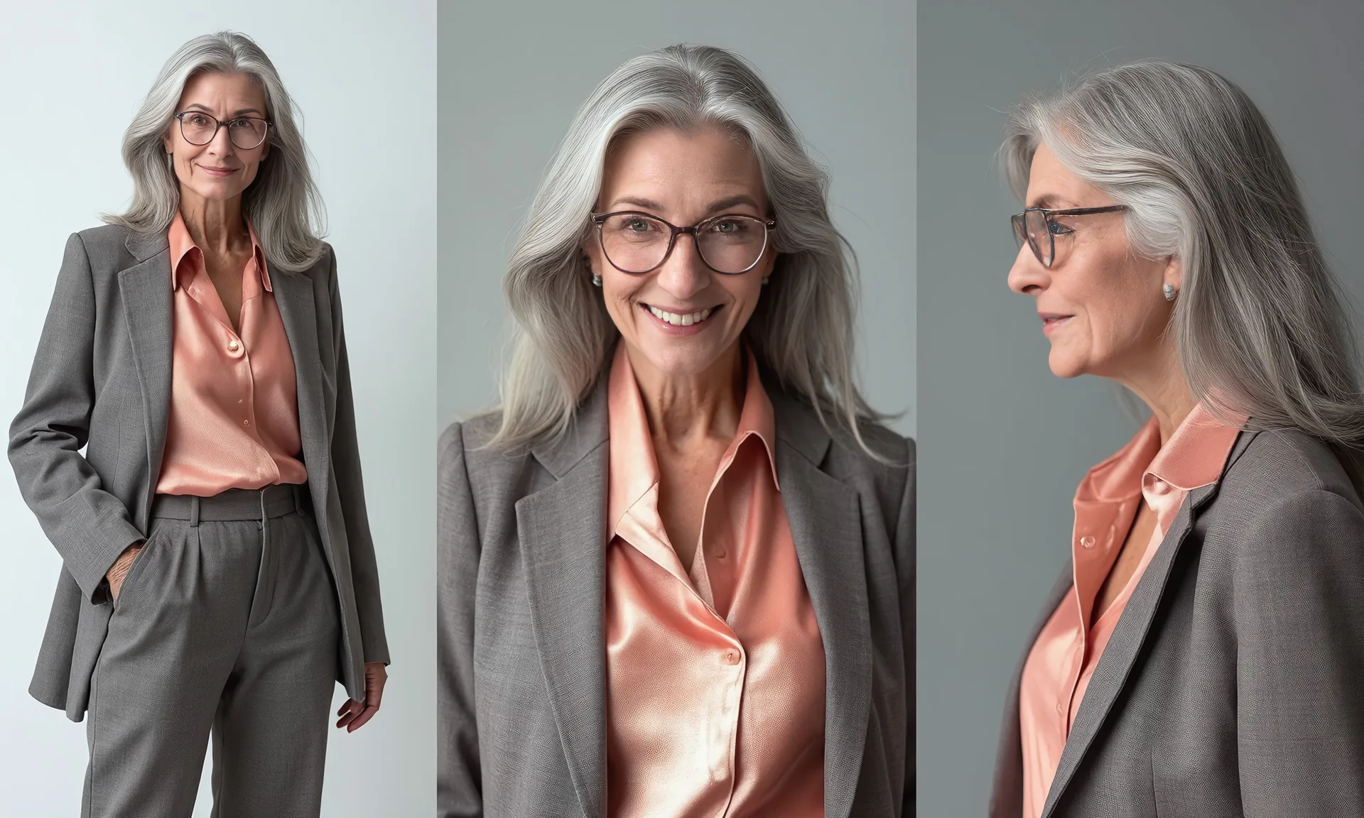 Drei Ansichten einer Frau mit grauem Anzug und grauen Haaren