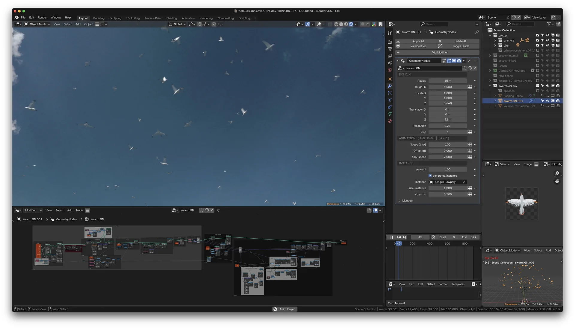 Blender-Screenshot: Vogelschwarm im Viewport, darunter das Node-Netzwerk