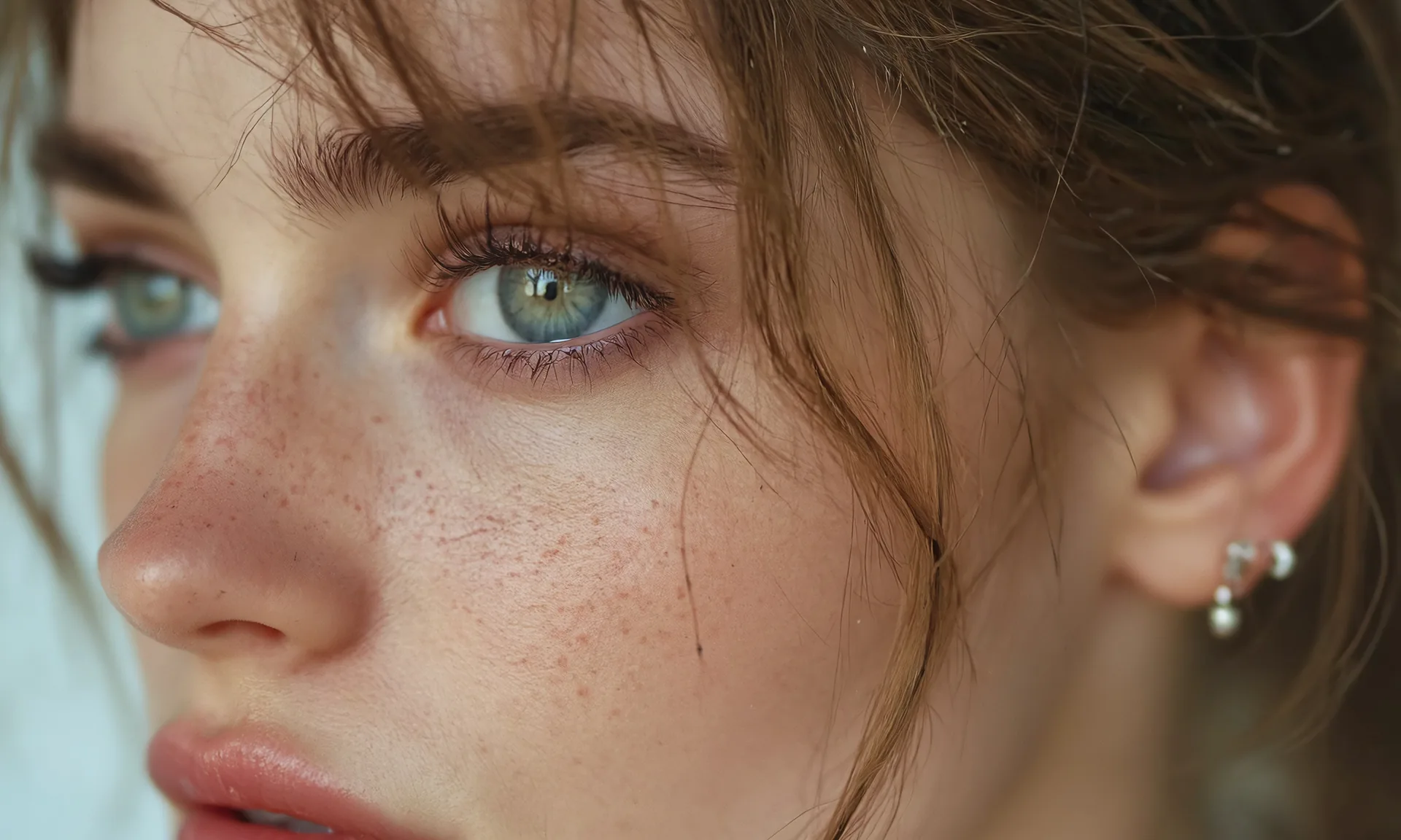 Nahaufnahme eines Gesichts mit grünen Augen und Sommersprossen