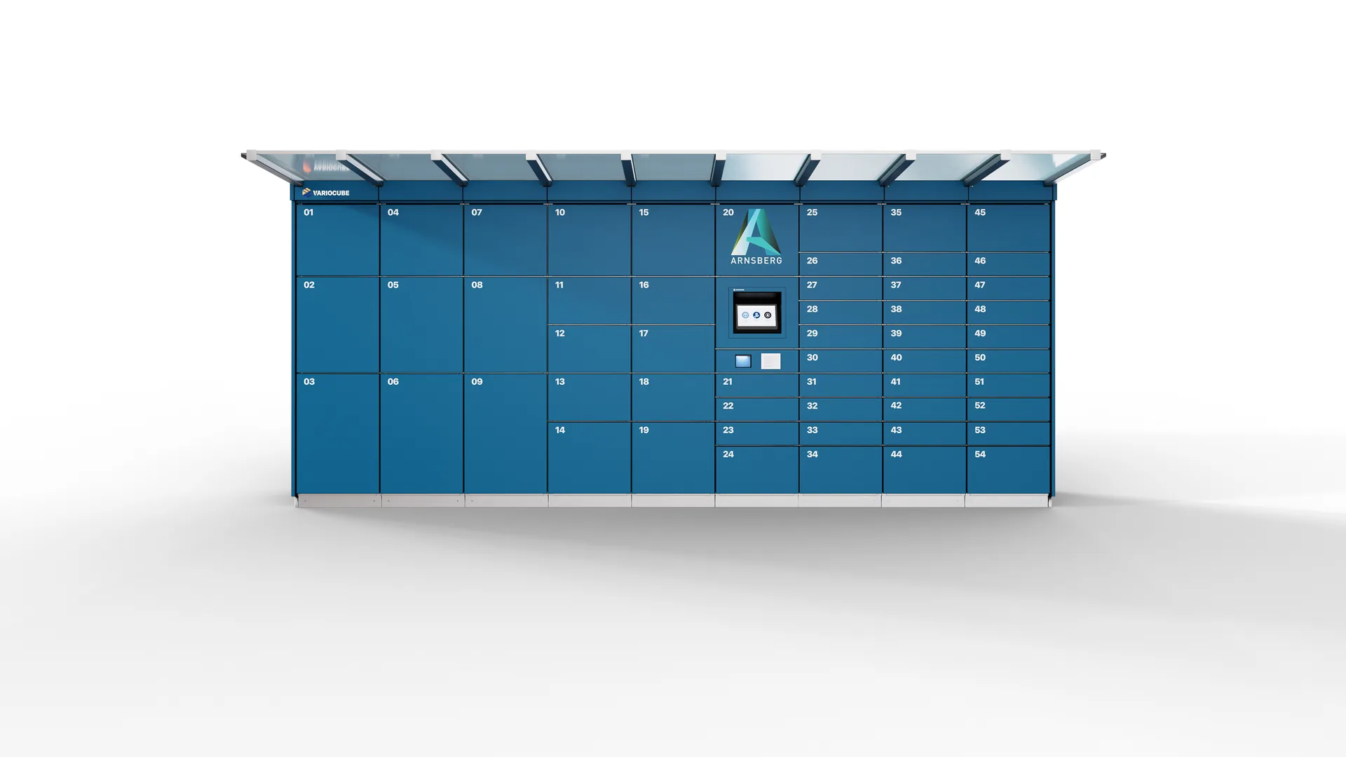 Outdoor Anlage: blaue Schließfachwand mit Vordach und Terminal
