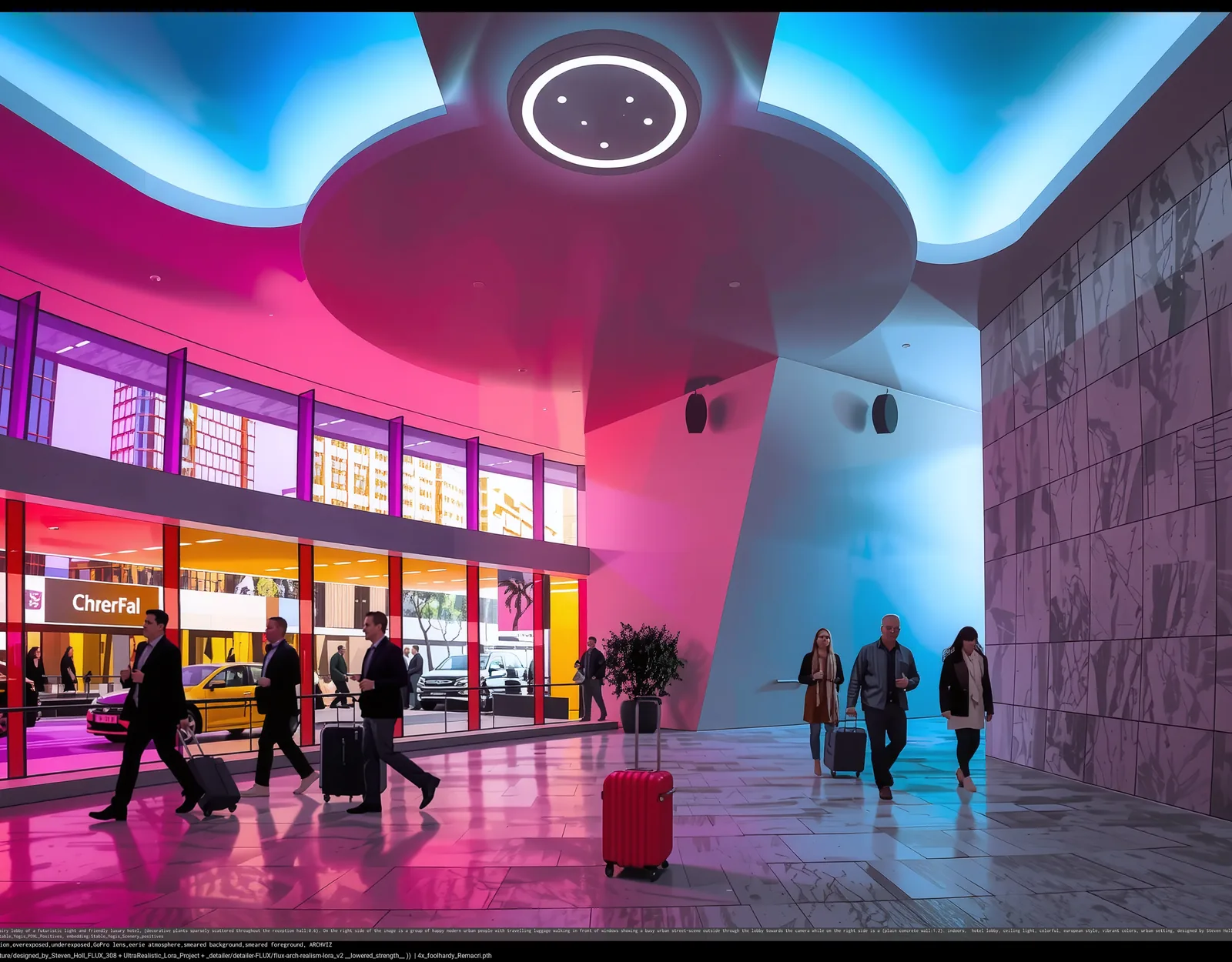 KI-Bild: Halle in Magenta und Blau beleuchtet, Reisende mit Koffern