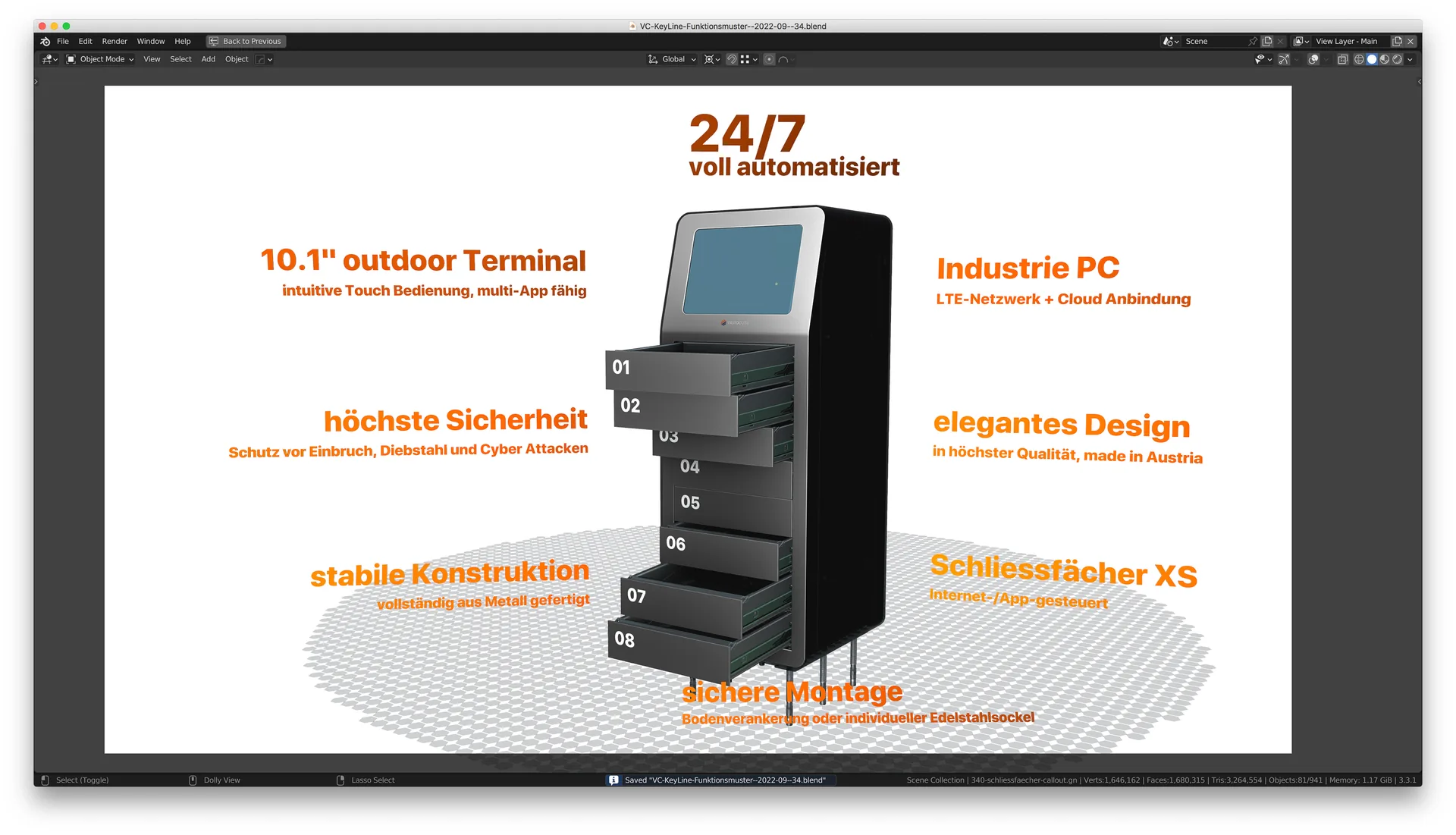 Präsentationsfolie: Schlüsseltresor mit Merkmalen wie 24/7 voll automatisiert, 10,1-Zoll-Terminal, Industrie-PC