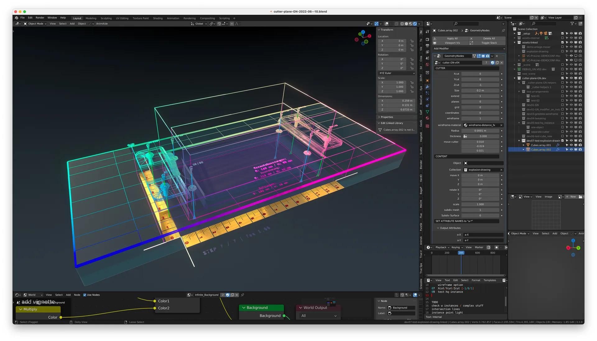 Blender-Screenshot: farbig umrandetes Drahtgittermodell im Viewport