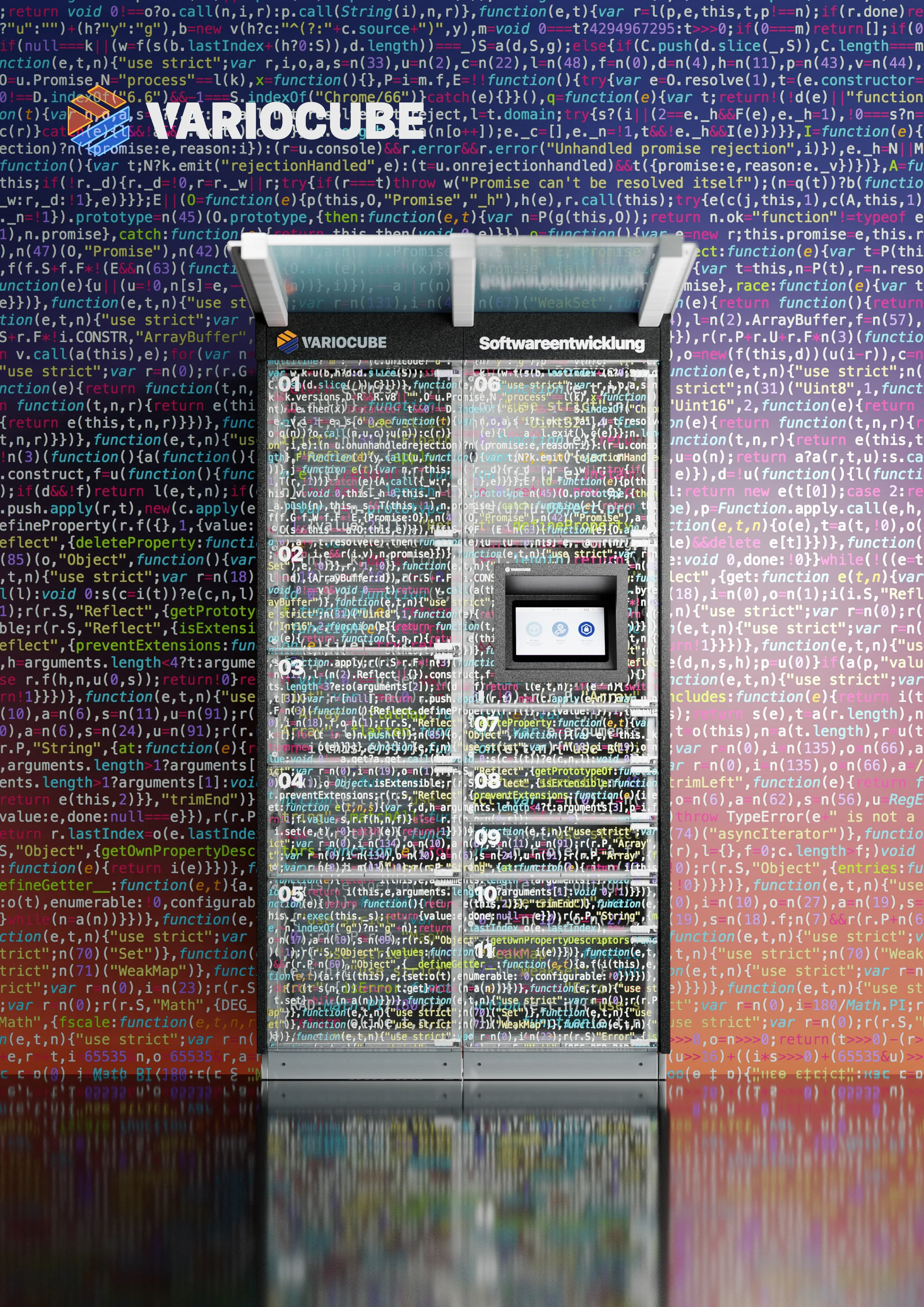 Schließfachautomat vor einer Wand aus buntem Quelltext