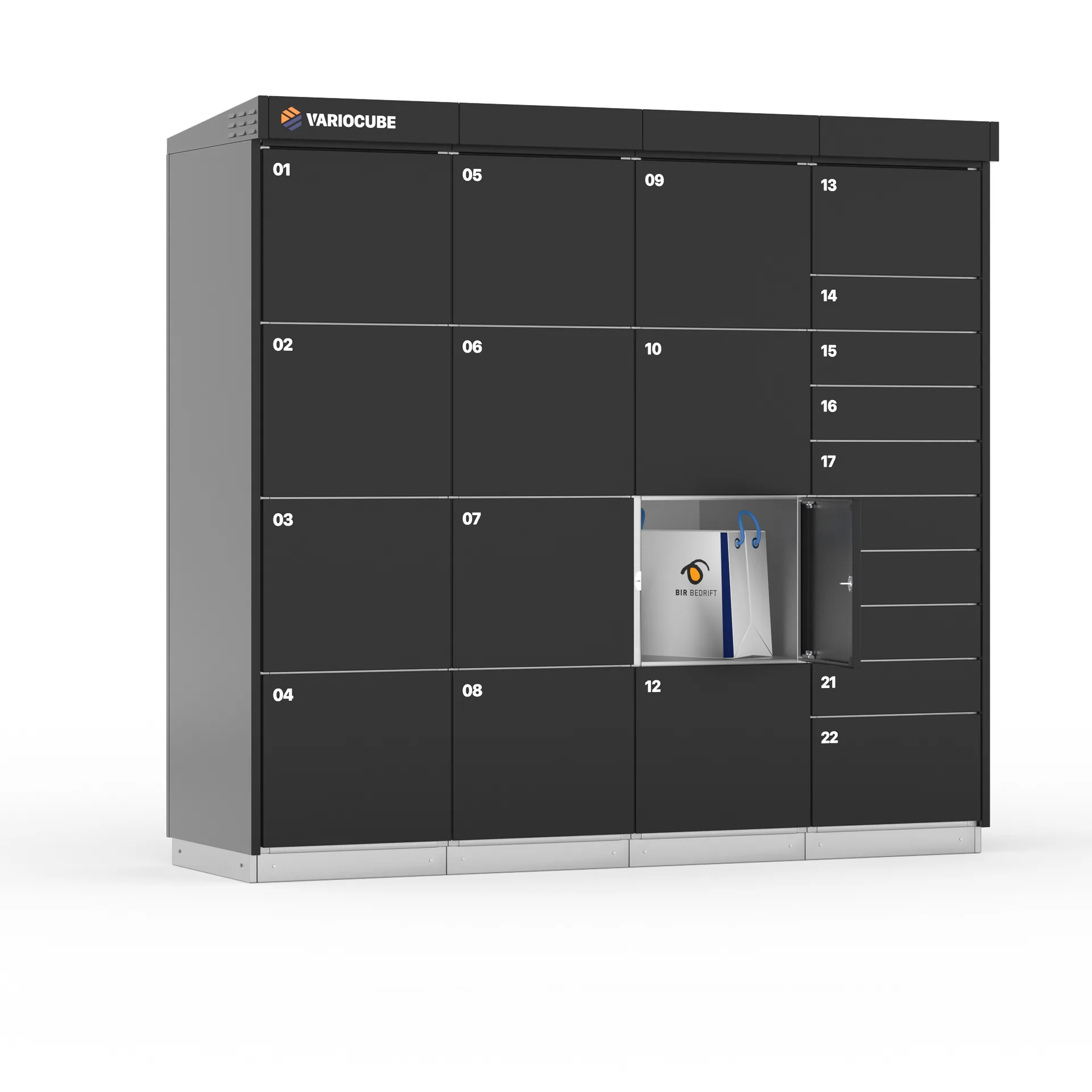 Headless Locker: dunkle Anlage mit 22 Fächern, ein Fach steht offen mit Paketen
