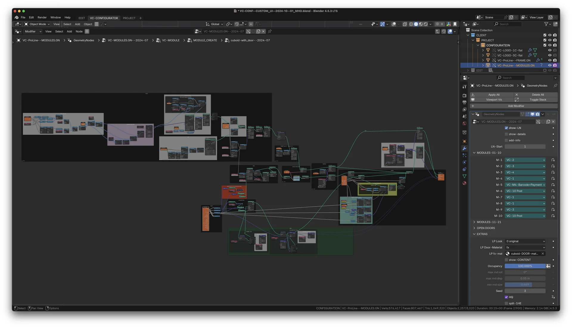Blender-Screenshot: Geometry-Nodes-Netzwerk CUBOID, breit angelegte Kette von Nodes