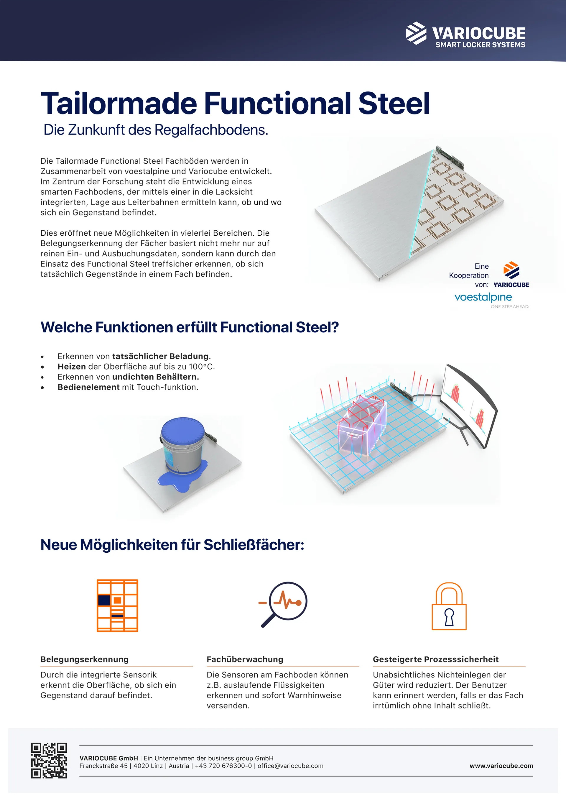 Flyer „Tailormade Functional Steel – Die Zukunft des Regalfachbodens“ mit Renderings und Funktionsübersicht