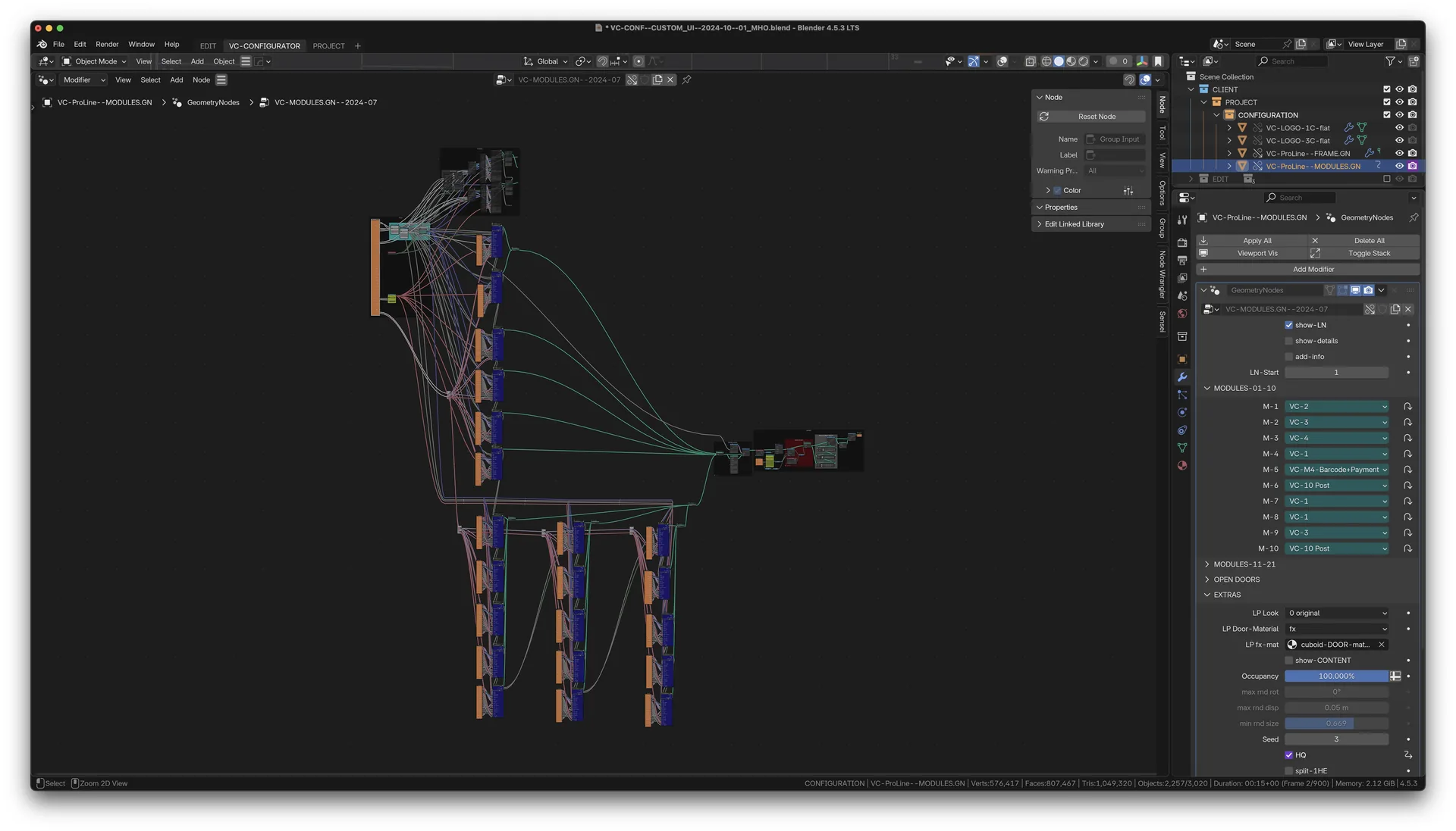 Blender-Screenshot: Geometry-Nodes-Netzwerk MODULES, Verzweigung in mehrere Modulstränge