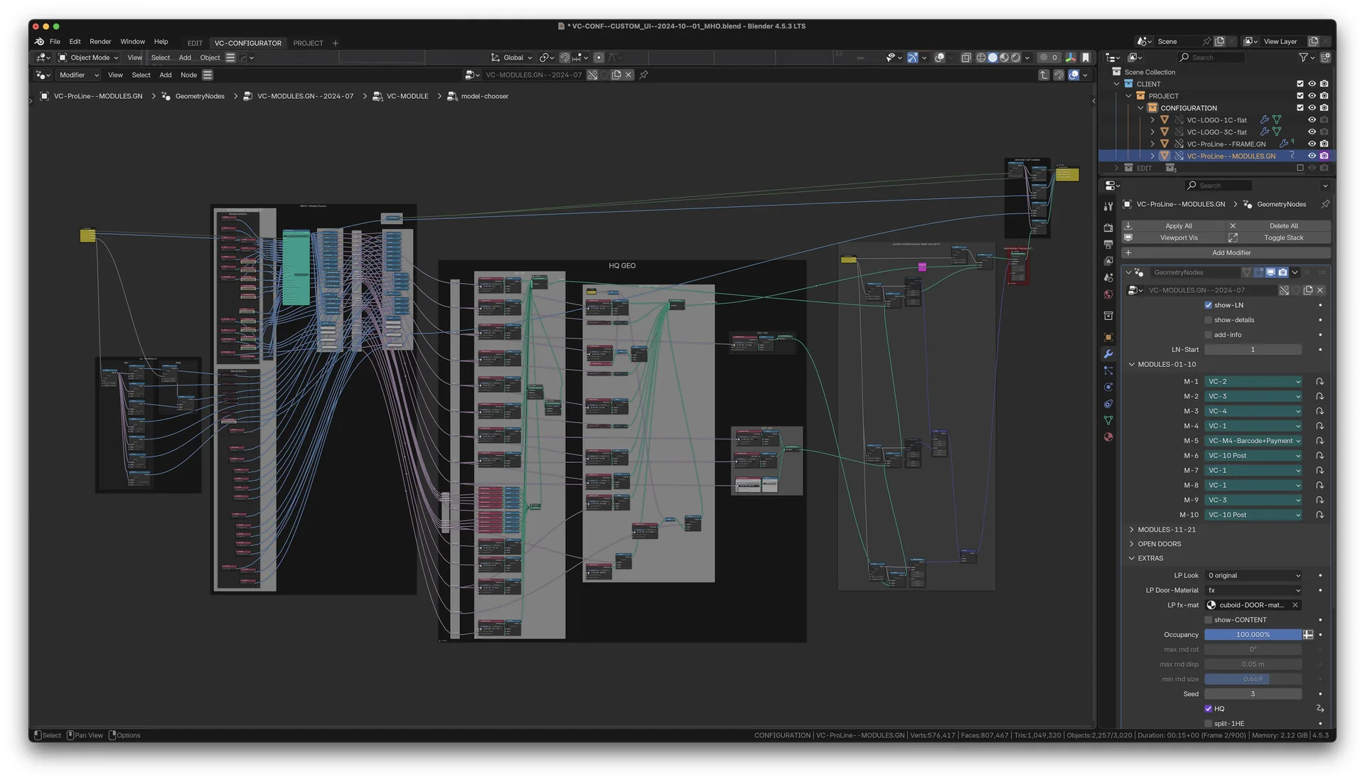 Blender-Screenshot: Geometry-Nodes-Netzwerk MODEL CHOOSER mit langer Auswahlliste
