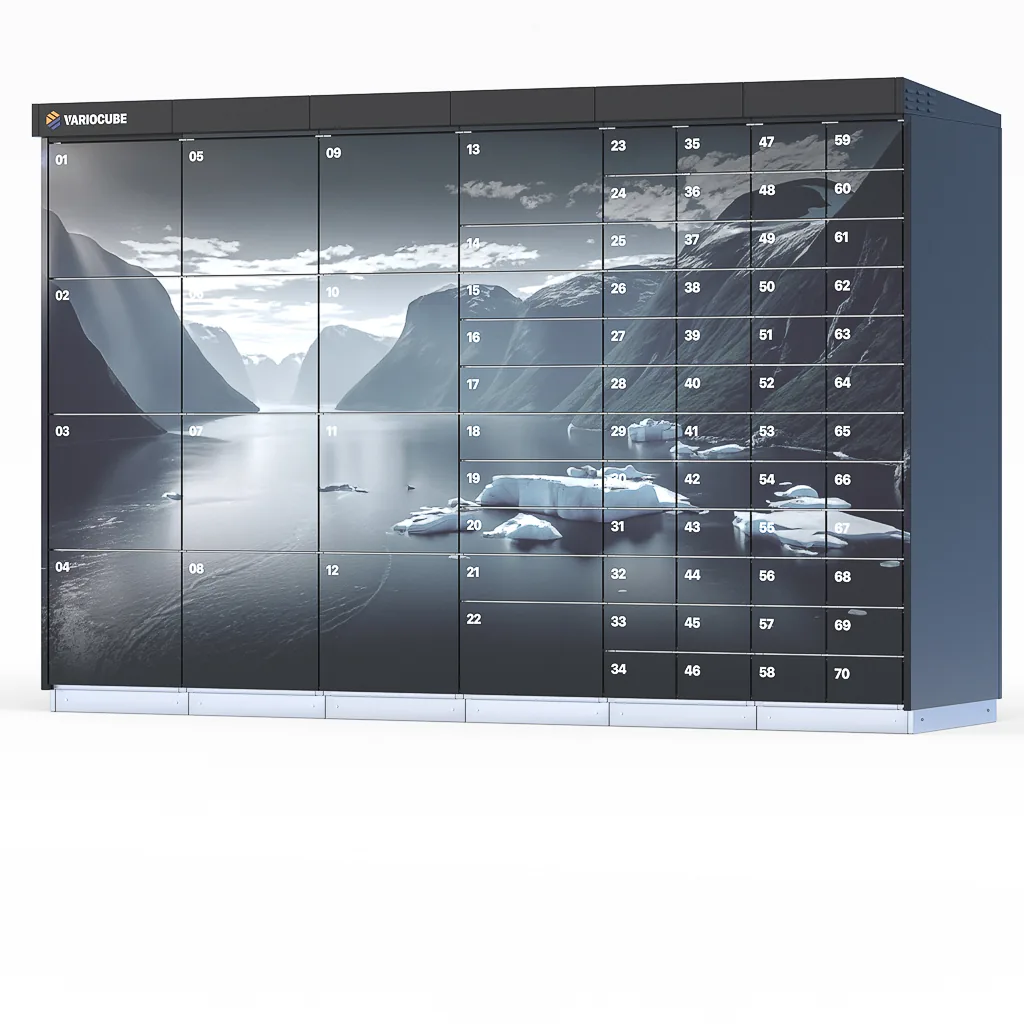 Headless Locker: große Schließfachwand mit Fjordlandschaft als Folierung über alle Türen