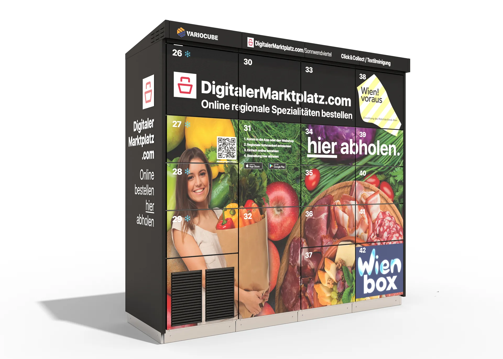 Musterdesign DMP: Anlage mit Folierung „Digitaler Marktplatz“ und Lebensmittelmotiven