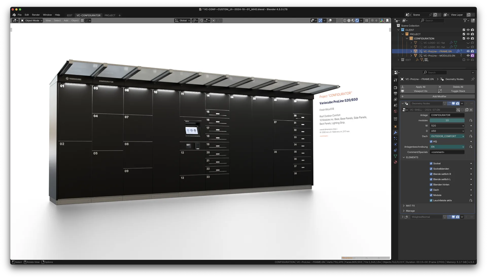 Blender-Screenshot: gerenderte Schließfachanlage mit Vordach im Viewport, rechts der Node-Editor