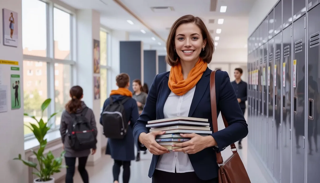 Frau mit orangem Schal und Büchern vor Schließfächern