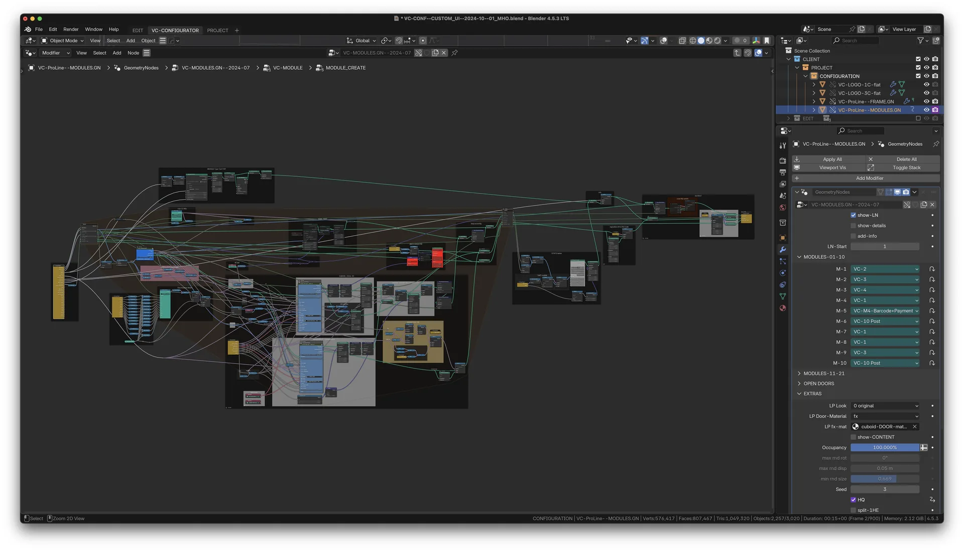 Blender-Screenshot: Geometry-Nodes-Netzwerk MODULE CREATE mit mehreren Node-Gruppen