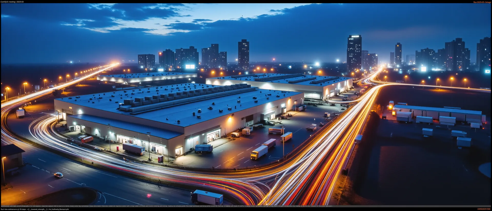 Logistikzentrum bei Nacht mit Lichtspuren der Straßen