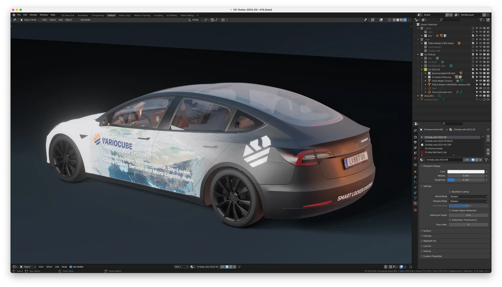Blender-Screenshot: PKW mit Variocube-Folierung, Entwurf für die Fahrzeugbeschriftung