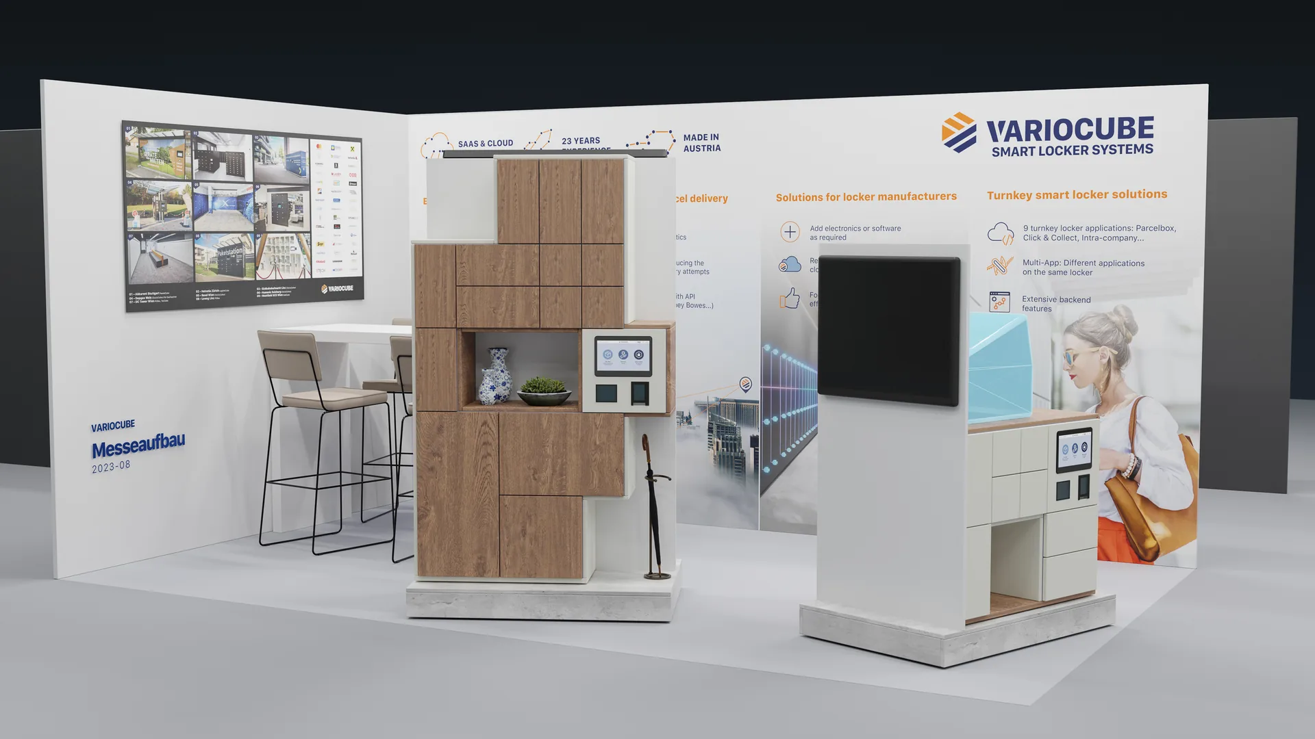 Variocube-Messestand mit Holzelementen, Bildschirm und Theke