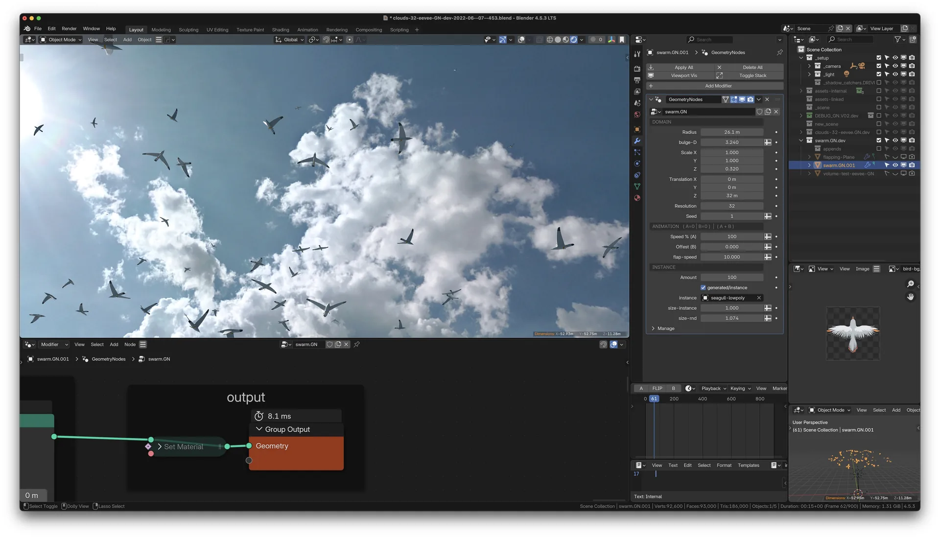 Blender-Screenshot: gerenderter Vogelschwarm vor Wolken, darunter der Output-Node