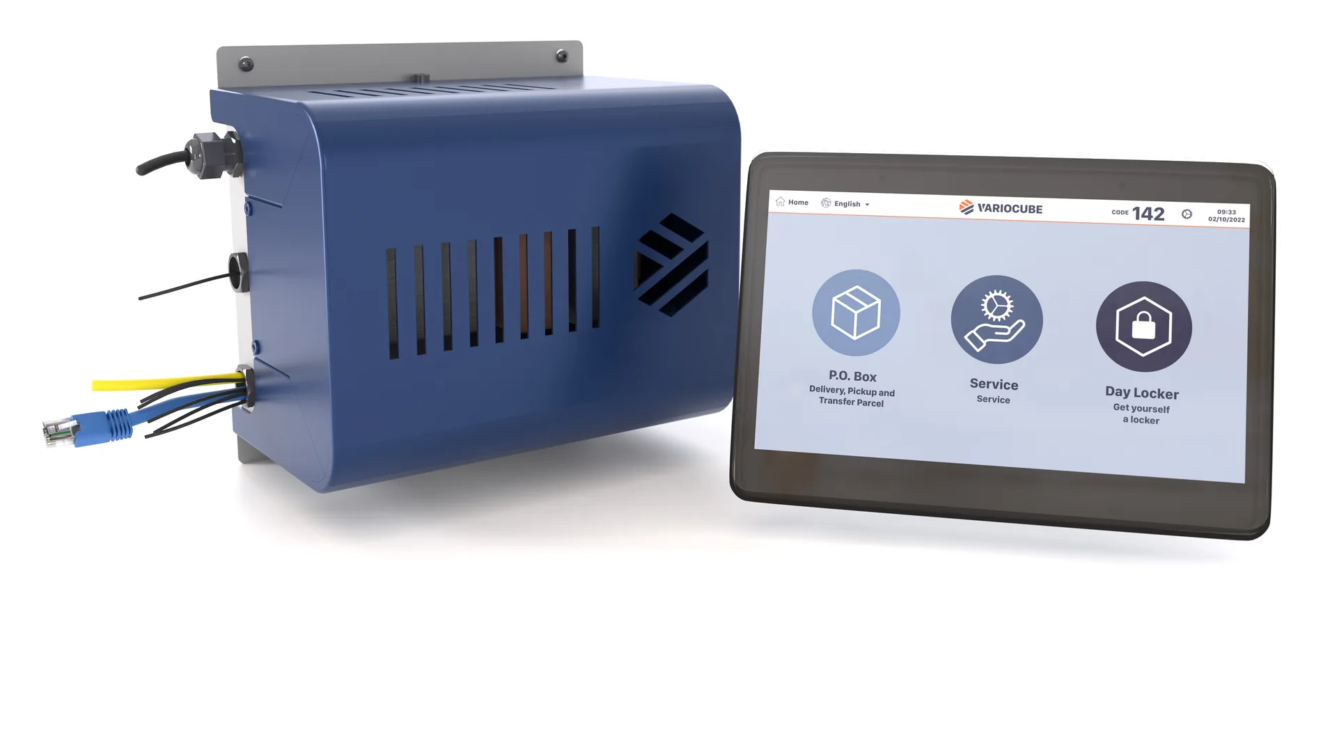 Blaues Steuergerät mit Kabeln neben einem Tablet mit Variocube-Bedienoberfläche