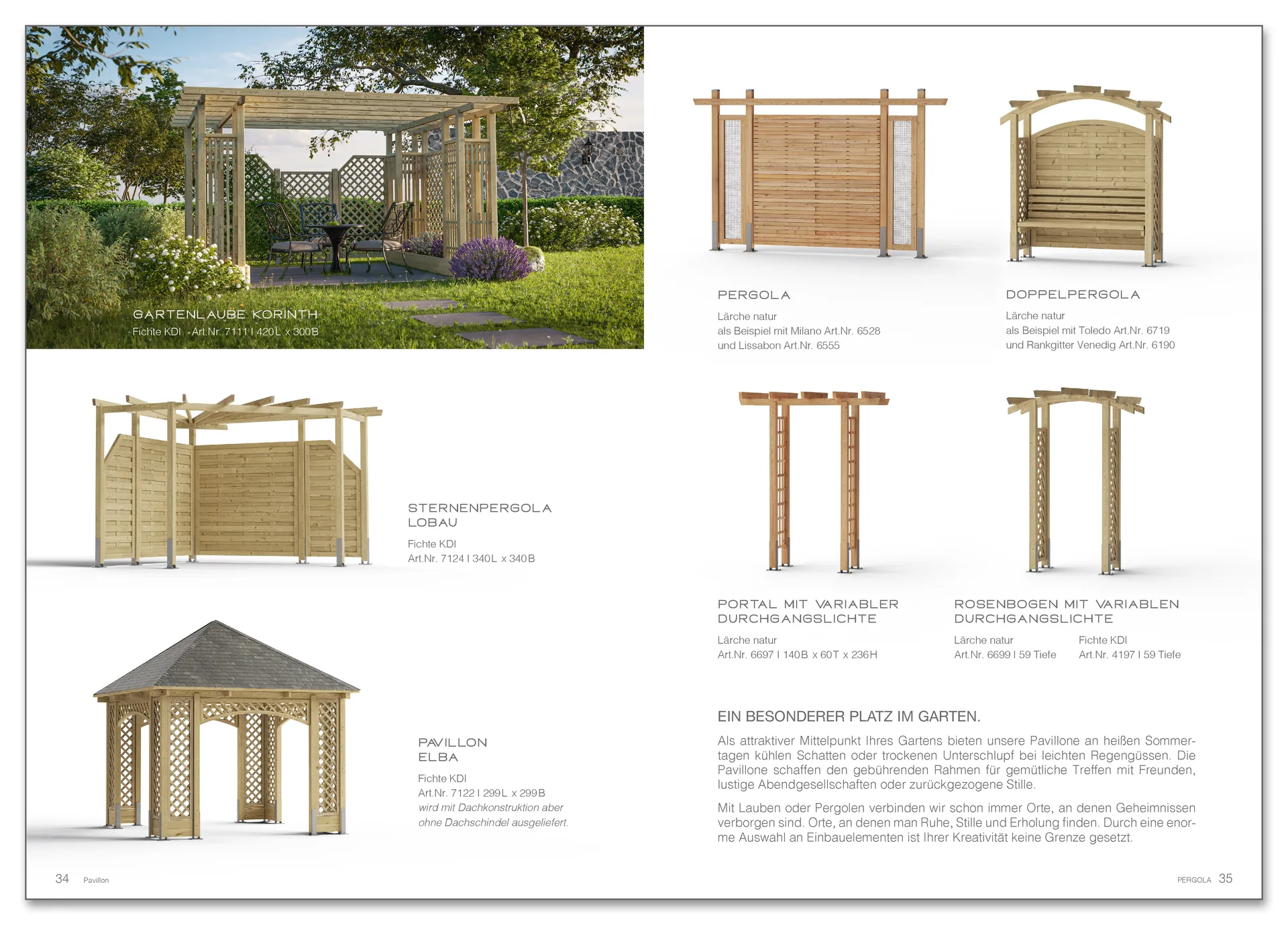 Katalogseite „Pergolas“ mit Pergola- und Pavillonvarianten