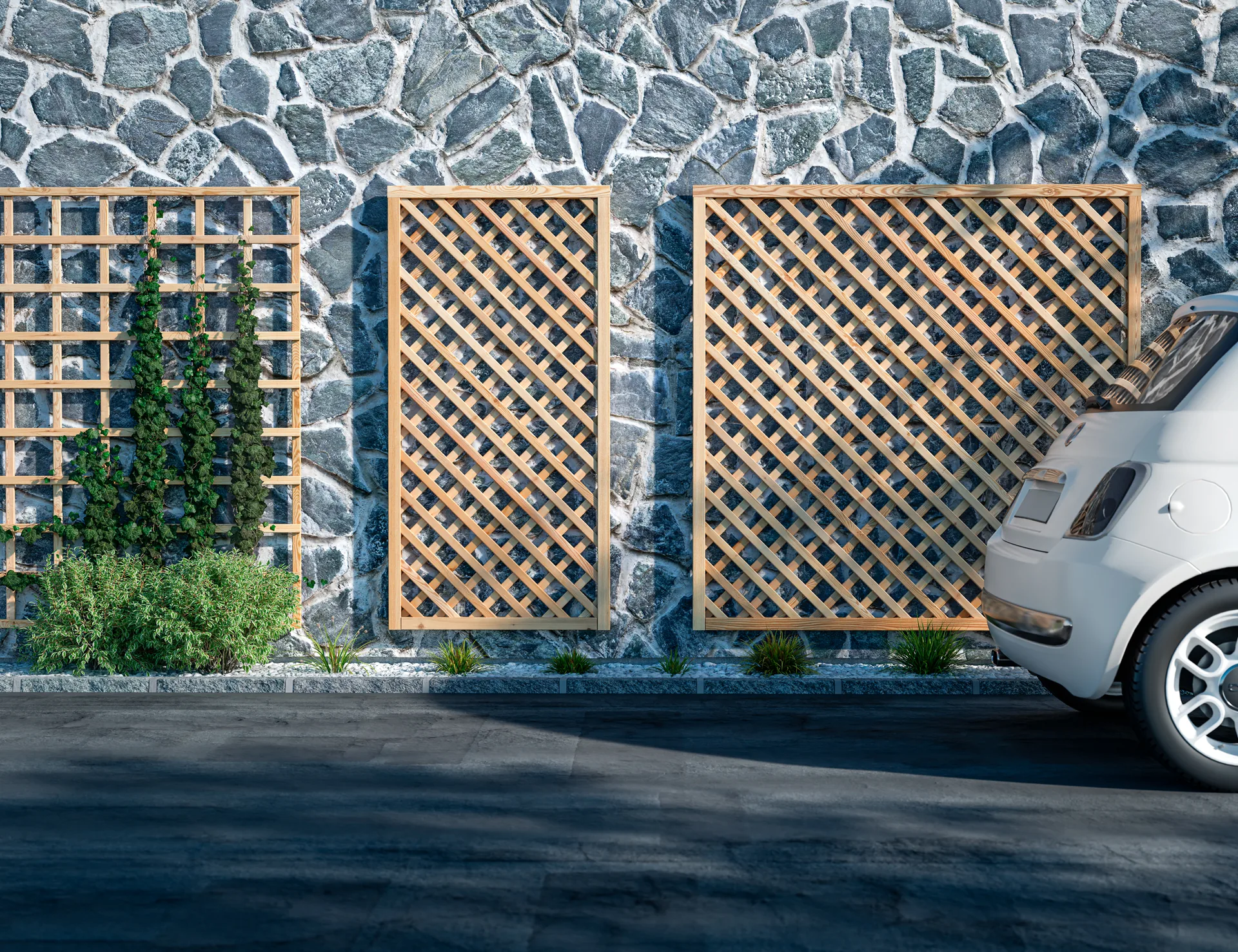 Rankgitter aus Holz an einer Natursteinmauer, daneben ein weißer Kleinwagen