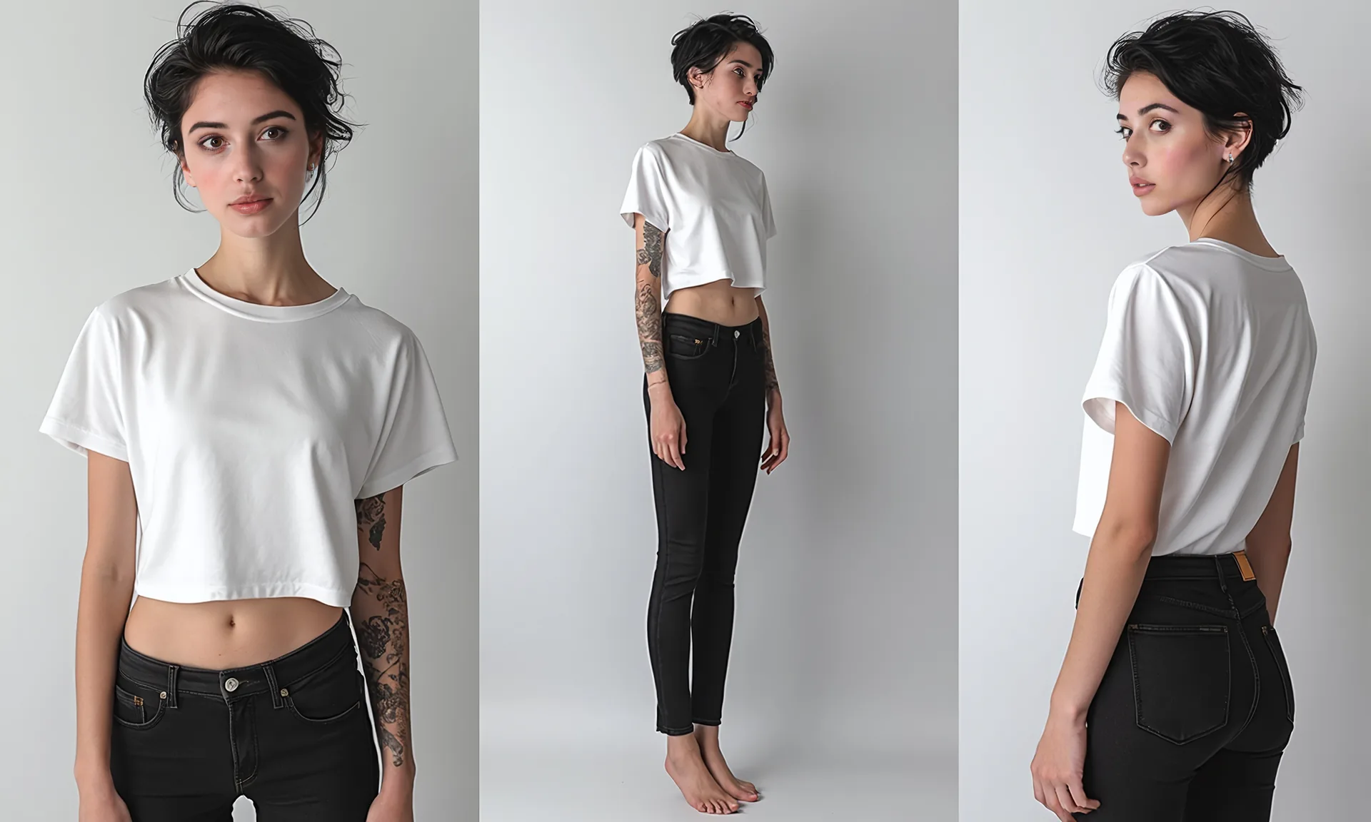 Drei Ansichten einer Frau im weißen T-Shirt und schwarzer Hose