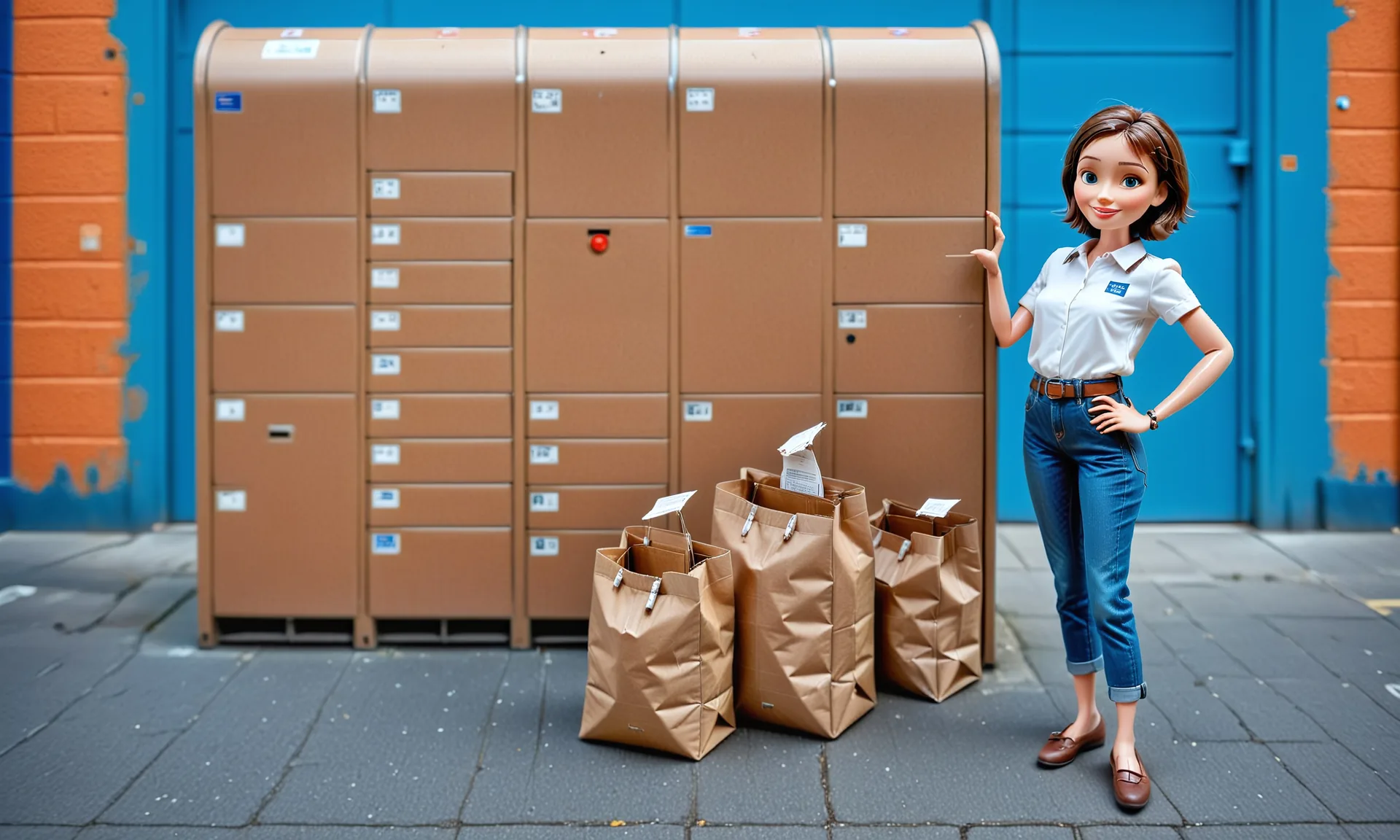 Cartoonhafte Frau vor orangen Paketfächern mit Papiertüten