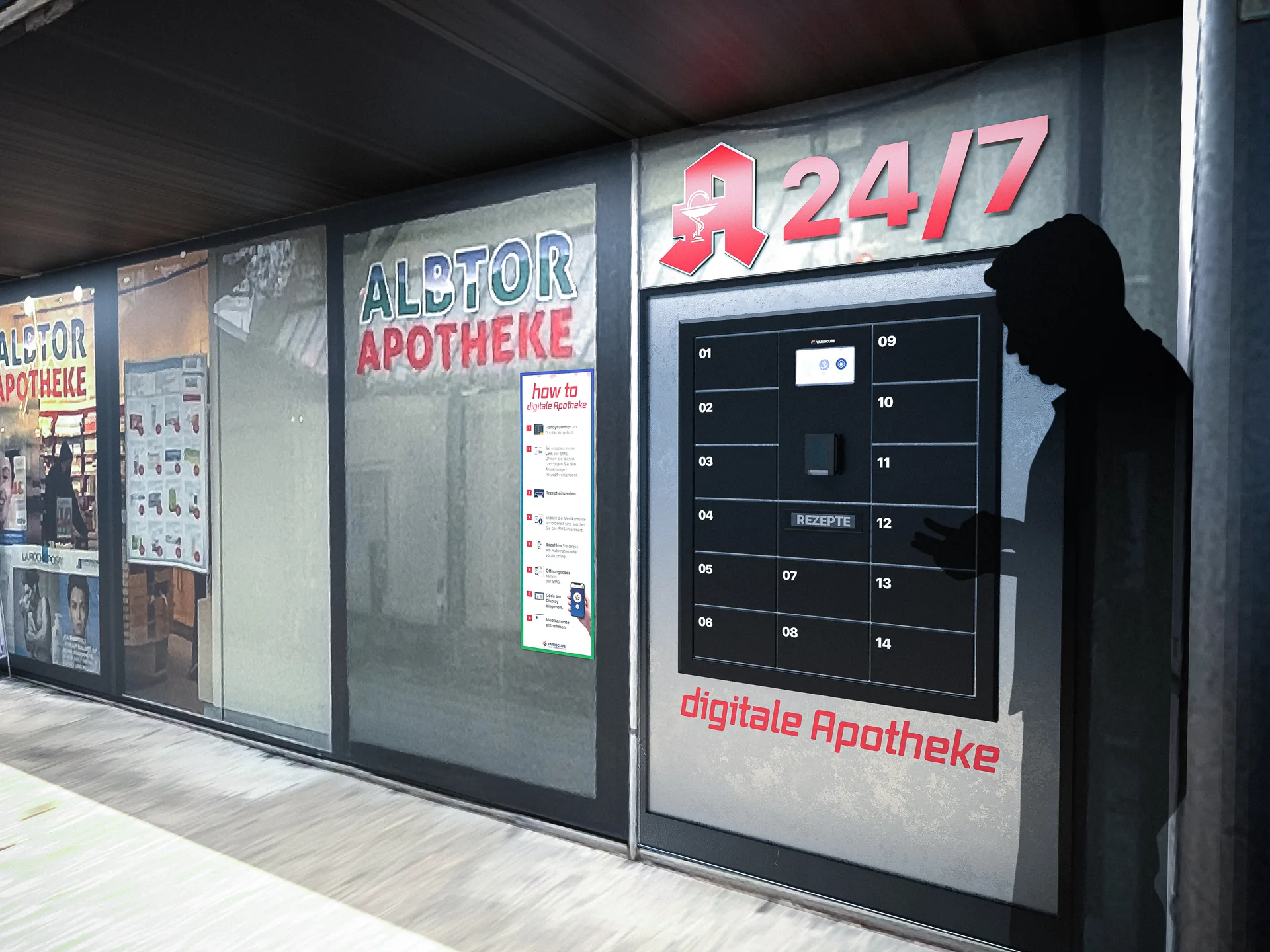 Fotomontage: Abholfächer im Schaufenster einer Apotheke, Aufschrift „24/7 digitale Apotheke“
