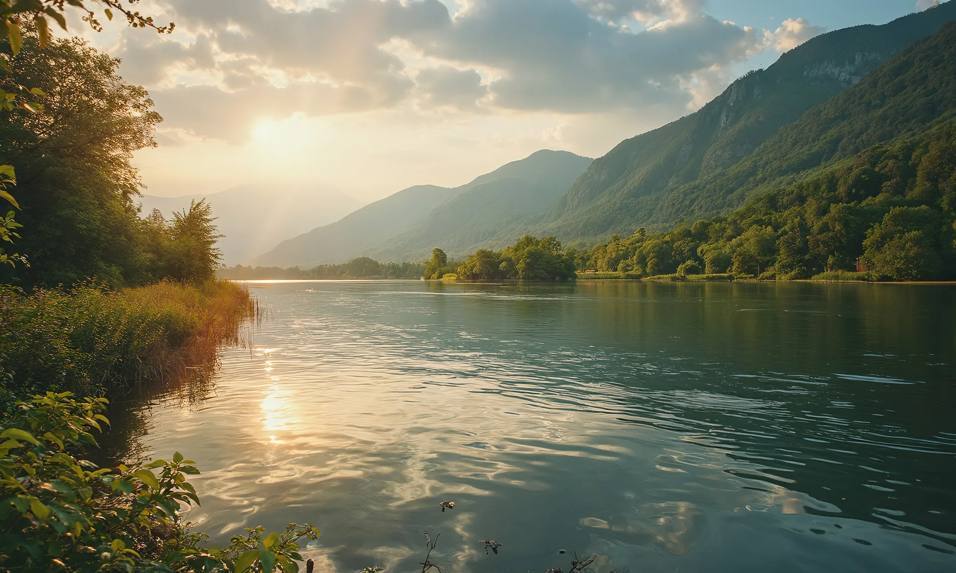 KI-Bild: Donaulandschaft in Oberösterreich bei Sonnenaufgang, bewaldete Hügel