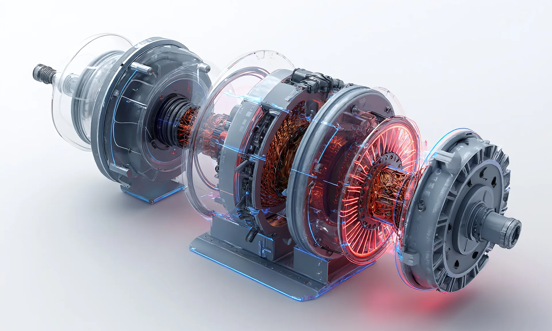 Schnittmodell eines Elektromotors mit rot glühenden Spulen