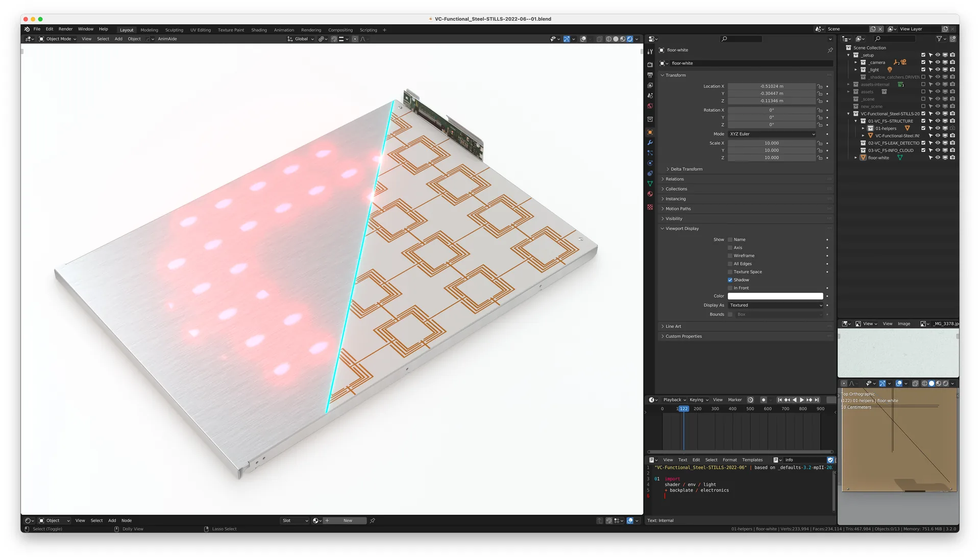 Blender-Screenshot: Regalboden mit rot leuchtenden Sensorpunkten, Standbild der Animation