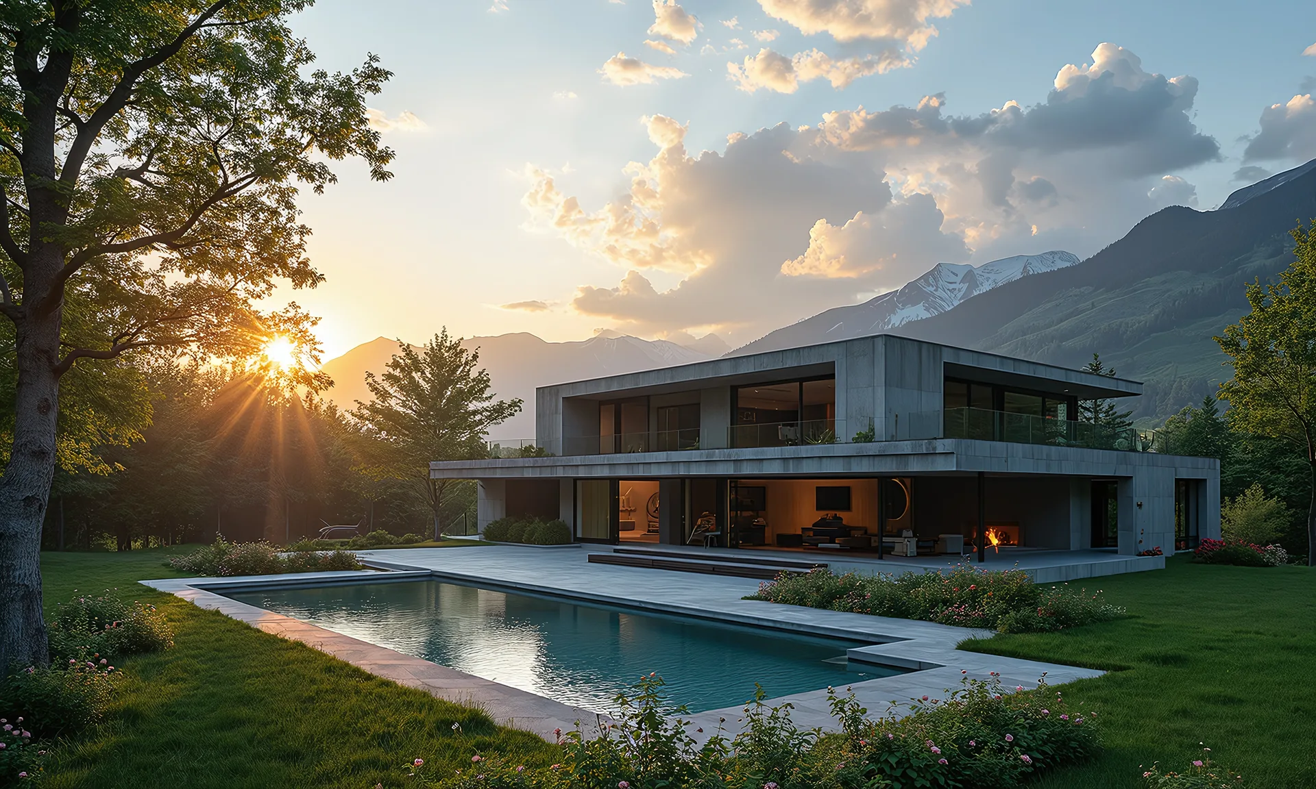 Modernes Haus mit Pool bei Sonnenuntergang