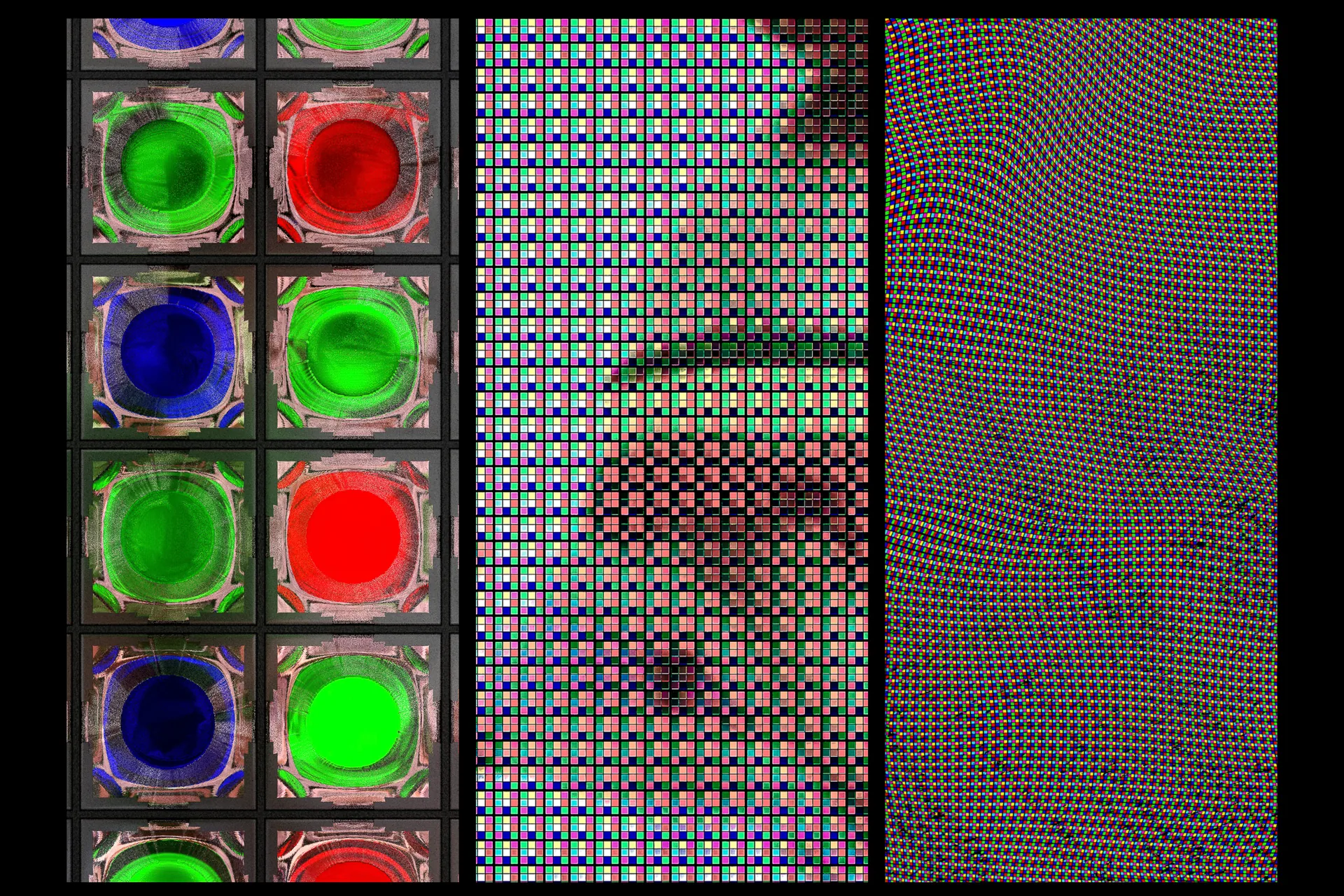 Dreiteilige Collage: RGB-Kreise, gerastertes Gesicht und Punktraster