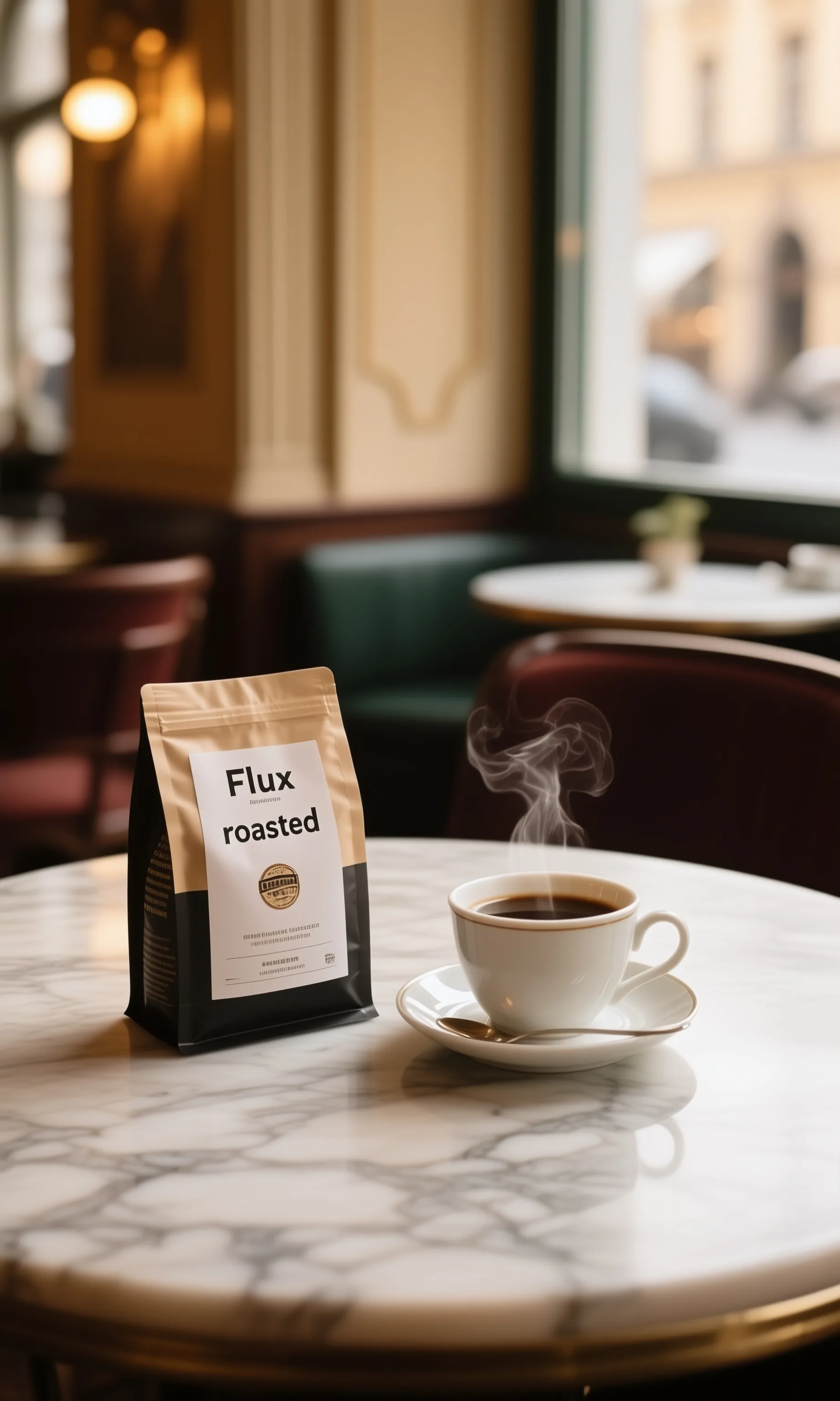 Kaffeepackung „Flux roasted“ und Tasse auf einem Marmortisch