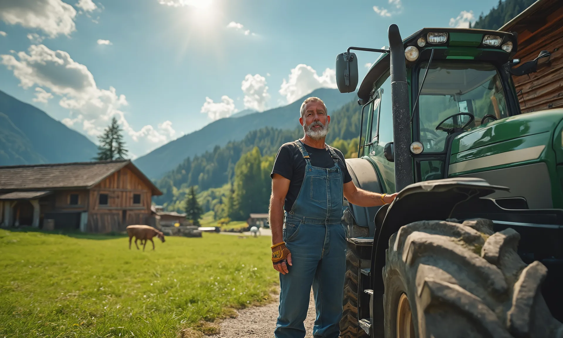 Landwirt neben einem grünen Traktor vor Bergkulisse