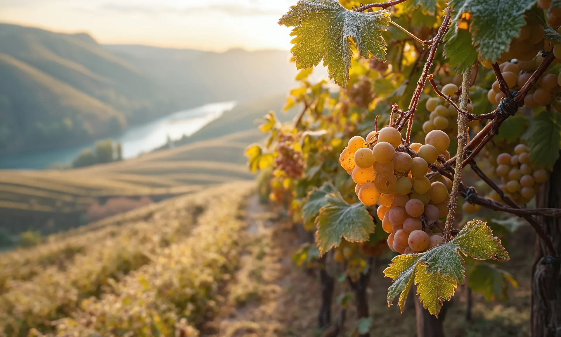 Weinberg mit Trauben über einem Flusstal