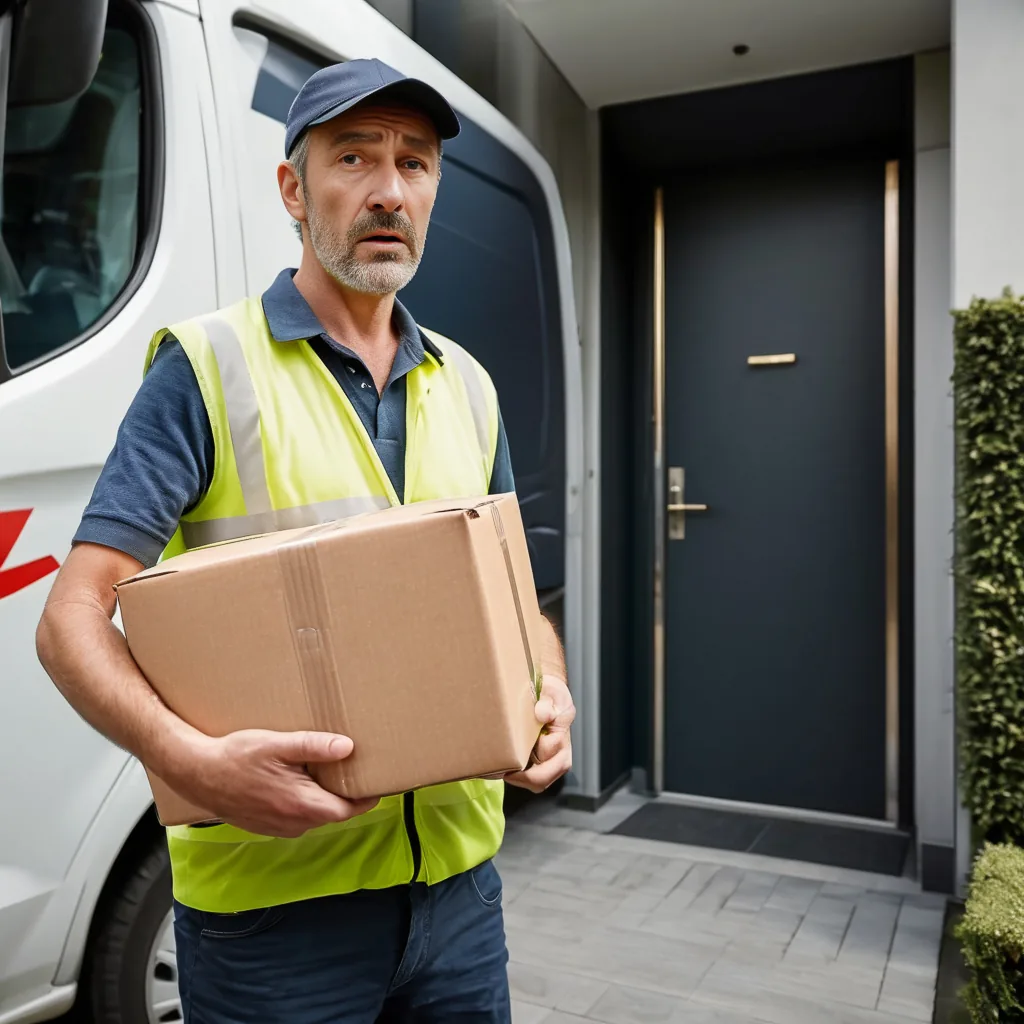 Paketbote in Warnweste mit Karton vor einer schwarzen Haustür