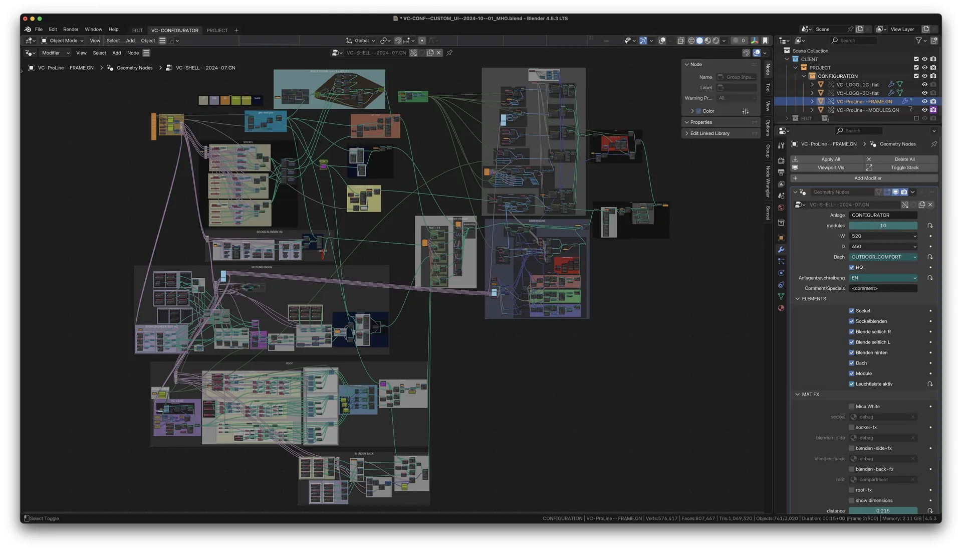Blender-Screenshot: Geometry-Nodes-Netzwerk FRAME, dicht verknüpfte Nodes für den Rahmen