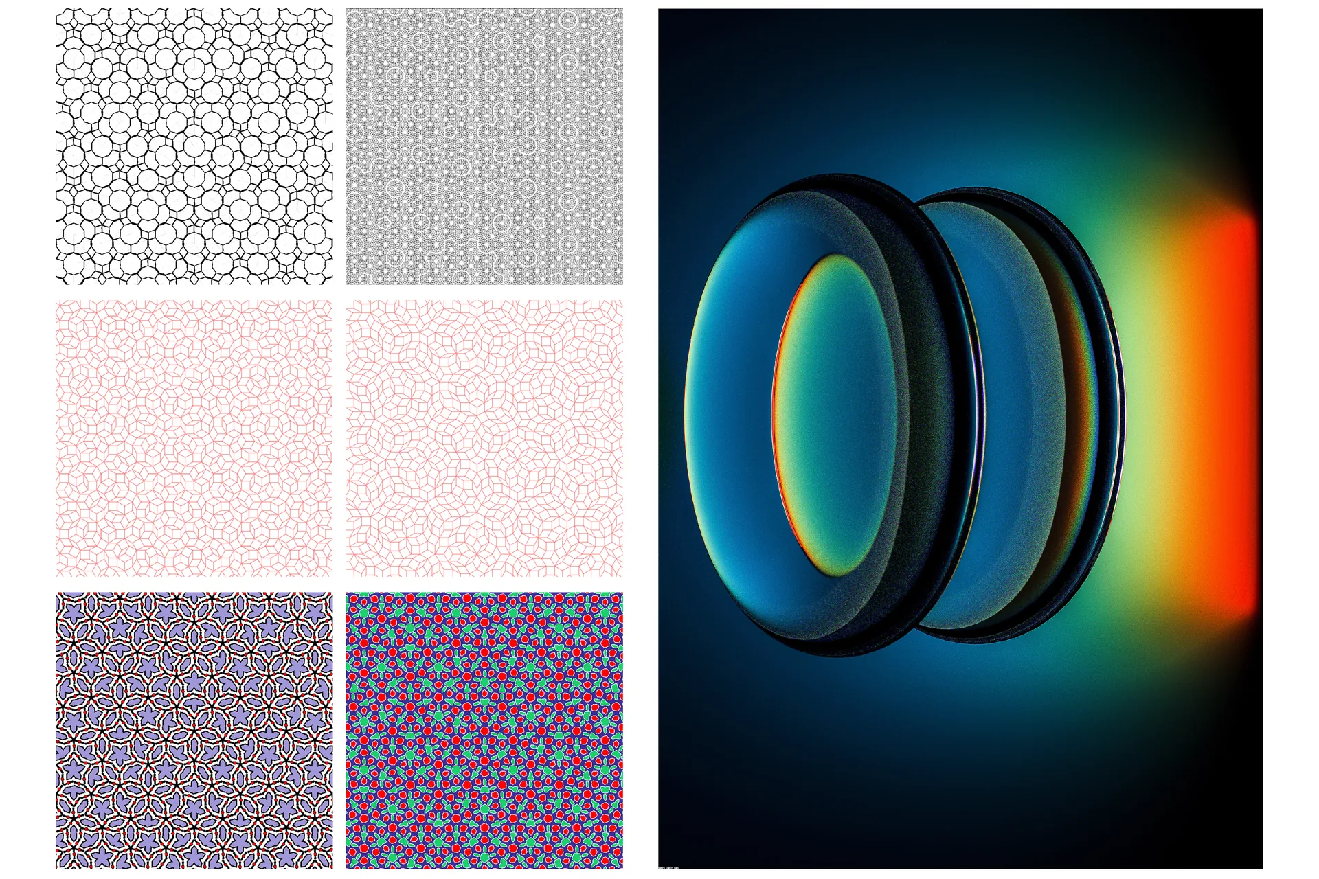Collage aus Rastermustern und dem Rendering einer Linse mit Regenbogenrand