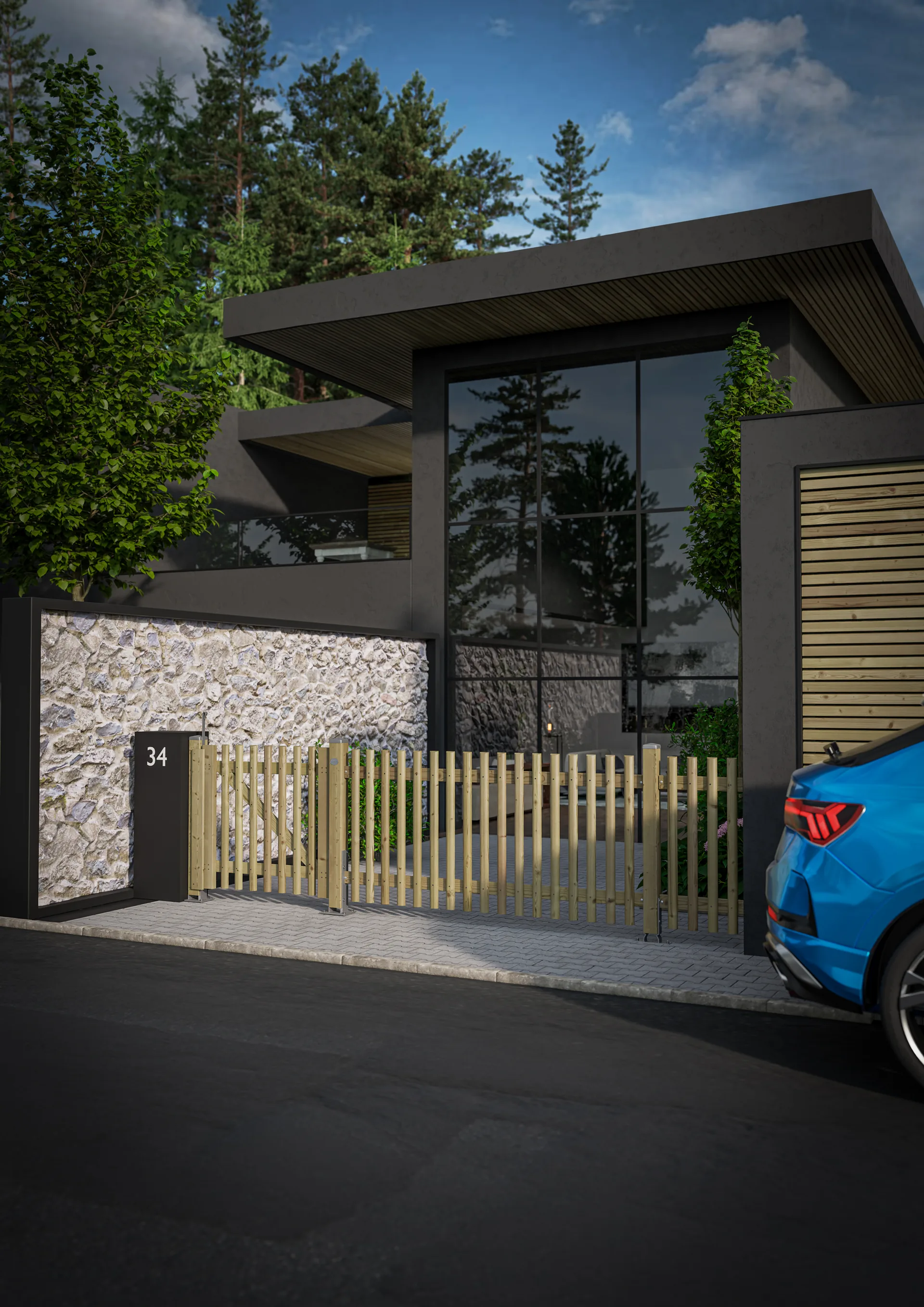 Holztor und Zaun vor einem modernen Haus mit blauem Auto