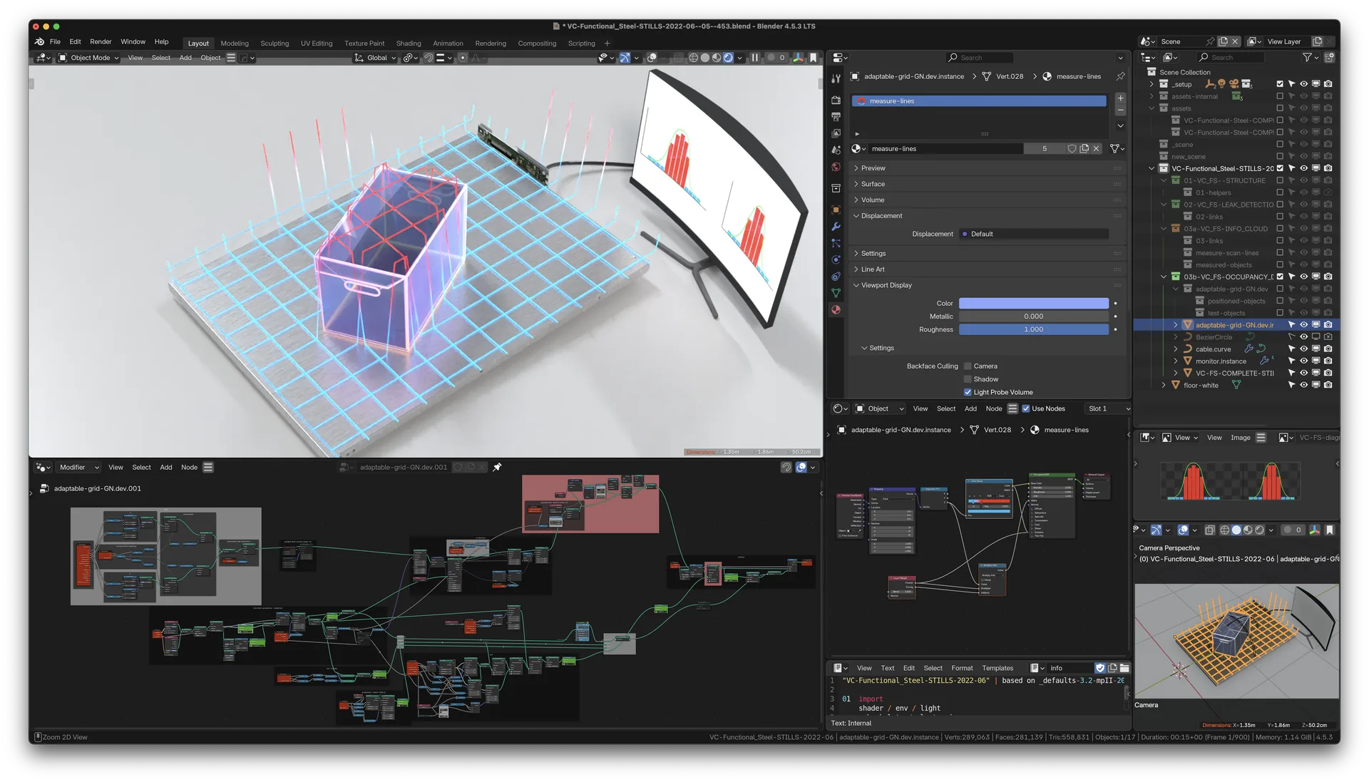 Blender-Screenshot: Regalboden mit Sensorraster als 3D-Modell, darunter das Node-Netzwerk