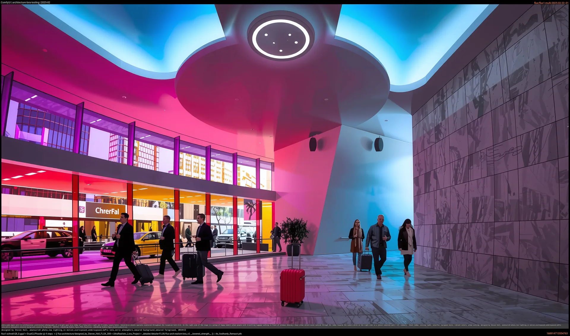 Halle in Magenta und Blau beleuchtet, Reisende mit Koffern