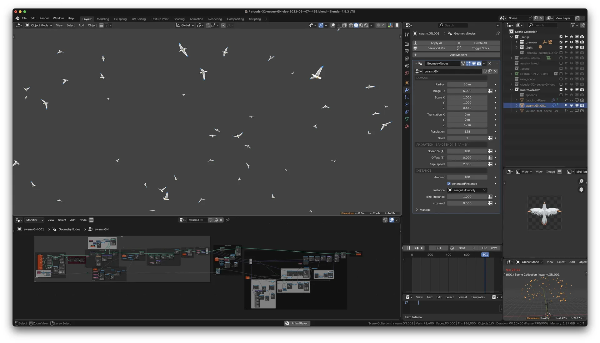 Blender-Screenshot: Vogelschwarm in grauer Viewport-Vorschau